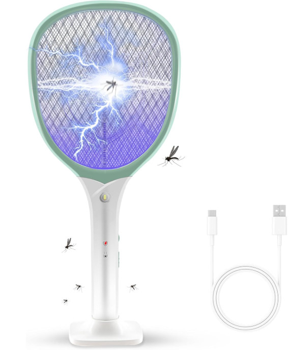 Raqueta eléctrica 2 en 1 recargable mata insectos portátil color verde, Nuevo