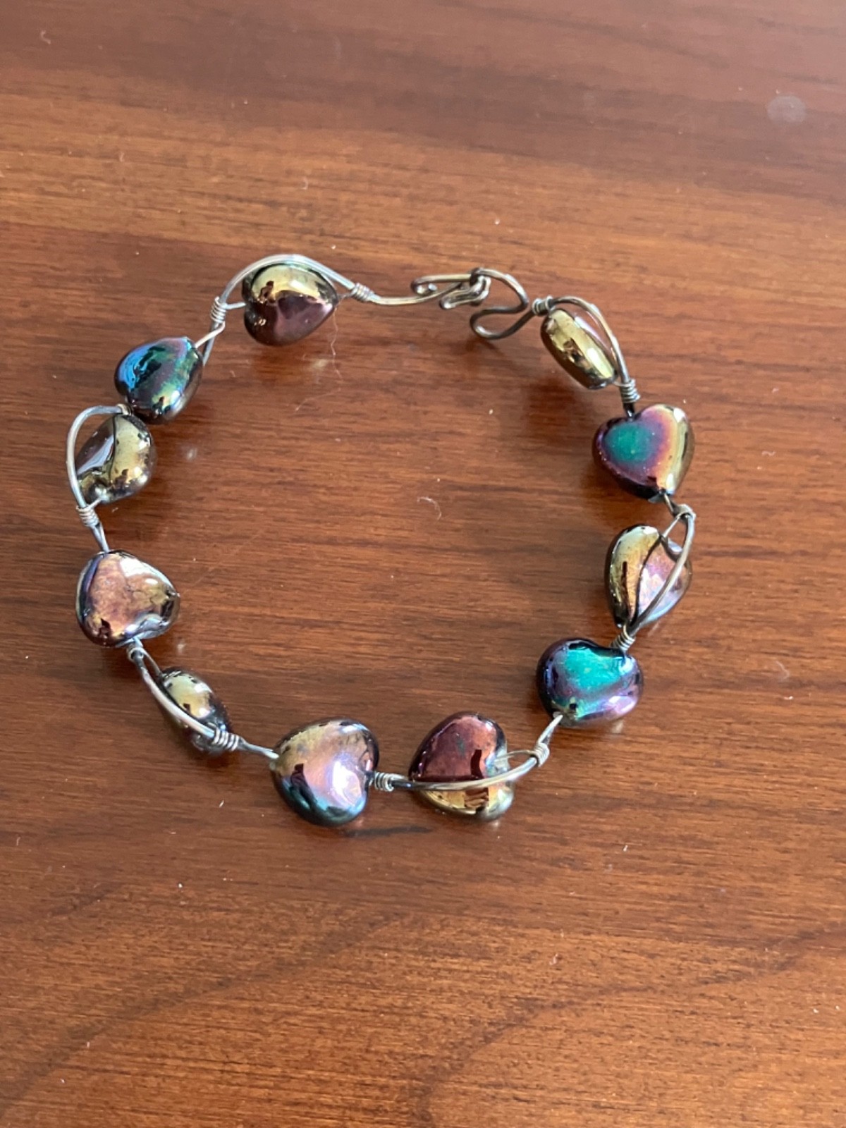 Bracelet: Handcrafted, Iridescent Multi-Colored Hearts In Metal Wire