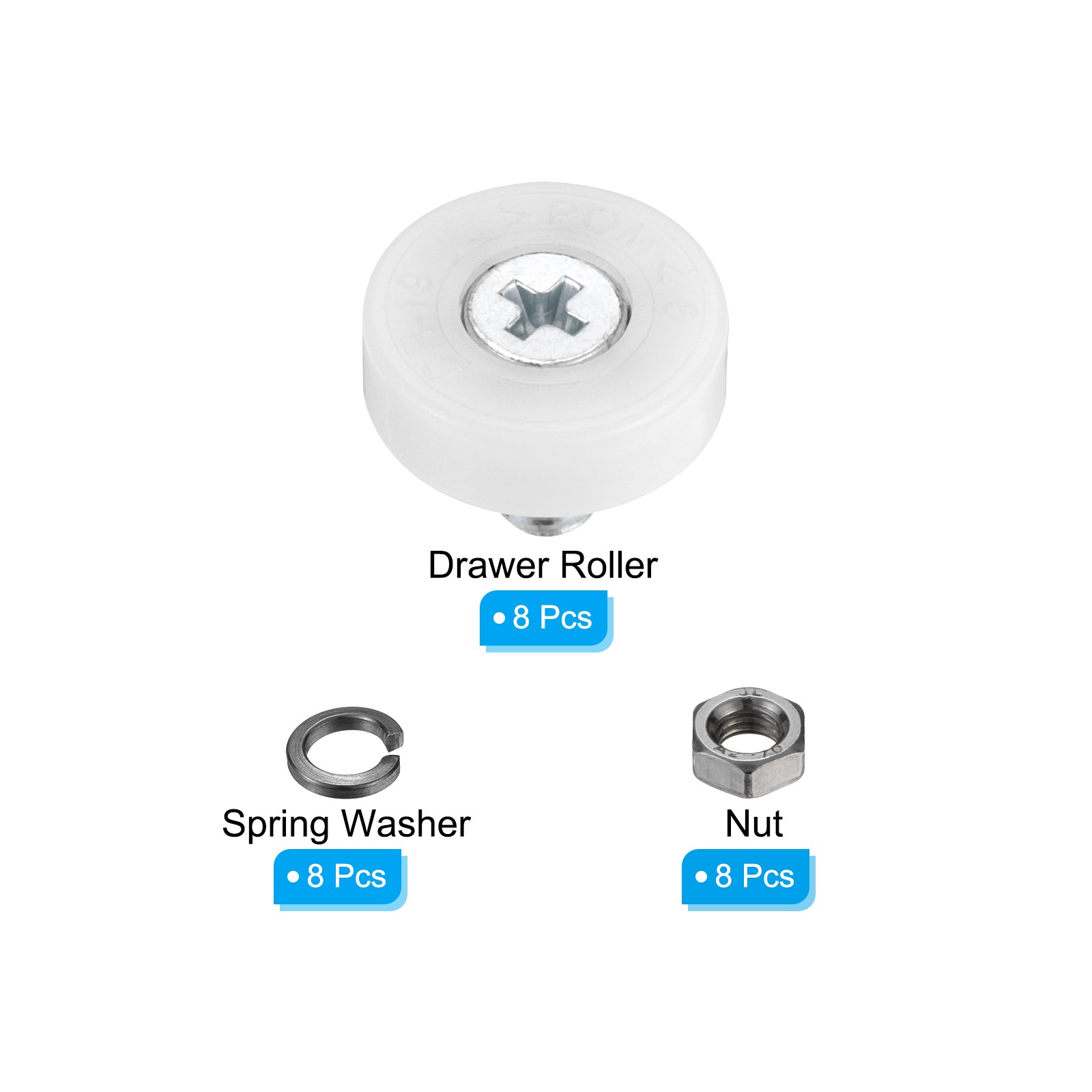 8 Set 19mm Nylon Drawer Rollers with Spring Washers and Nut White
