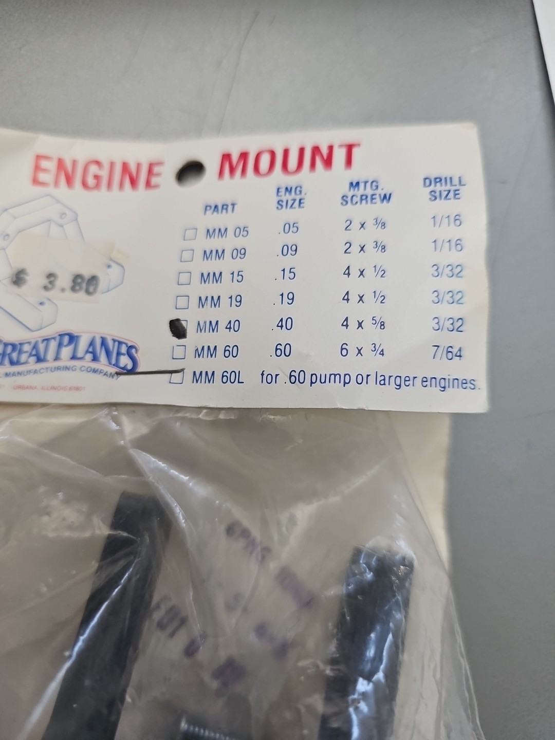 Great Planes rc plane Engine Mount MM 40 .40 NOS