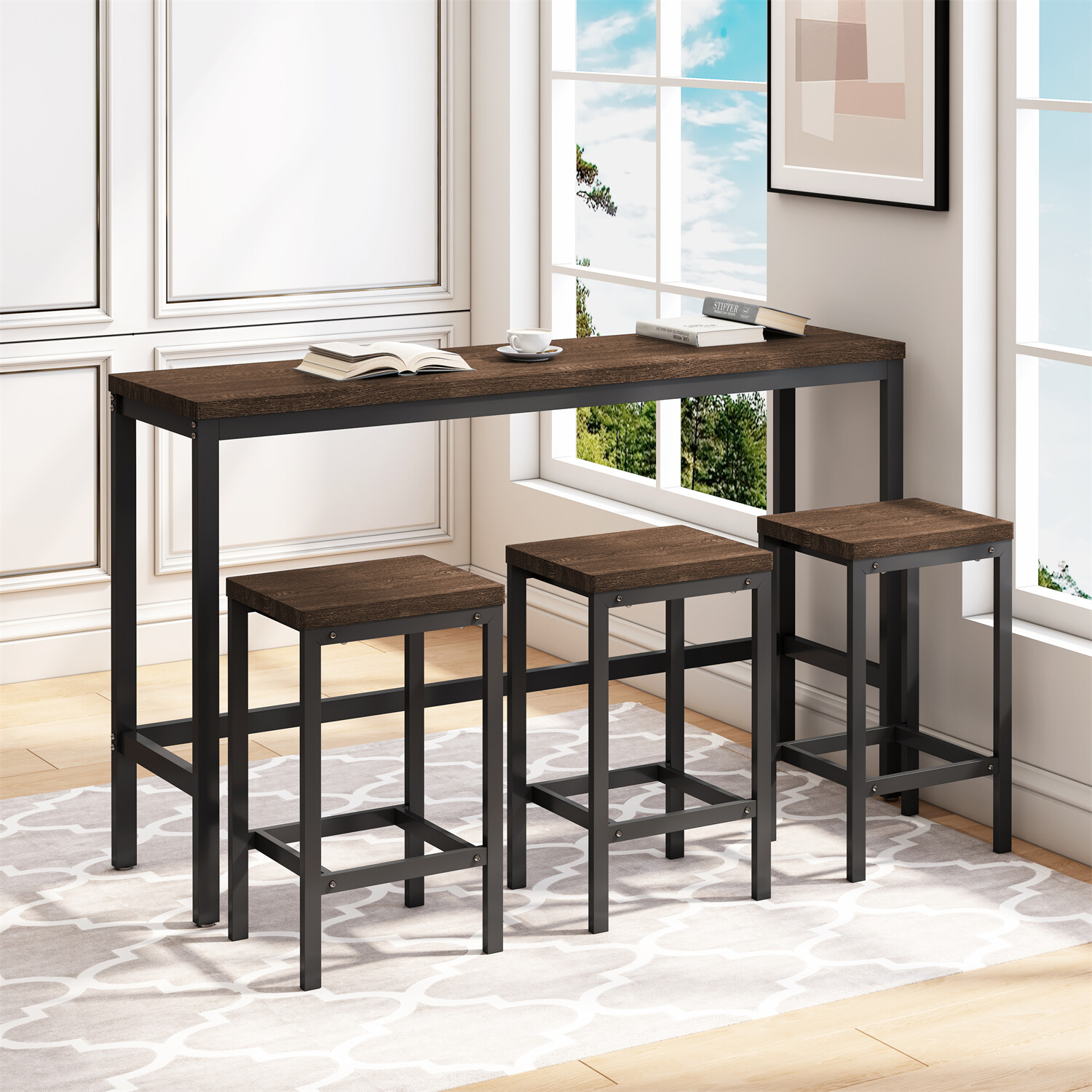 4 Piece Dining Table Set Table with 3 Stools Kitchen Breakfast Furniture US