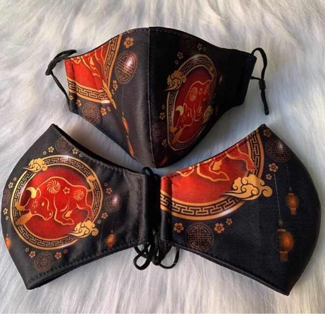 Teen Adult Washable Reusable Black Red Handmade Cotton Ox Face Mask Adjustable