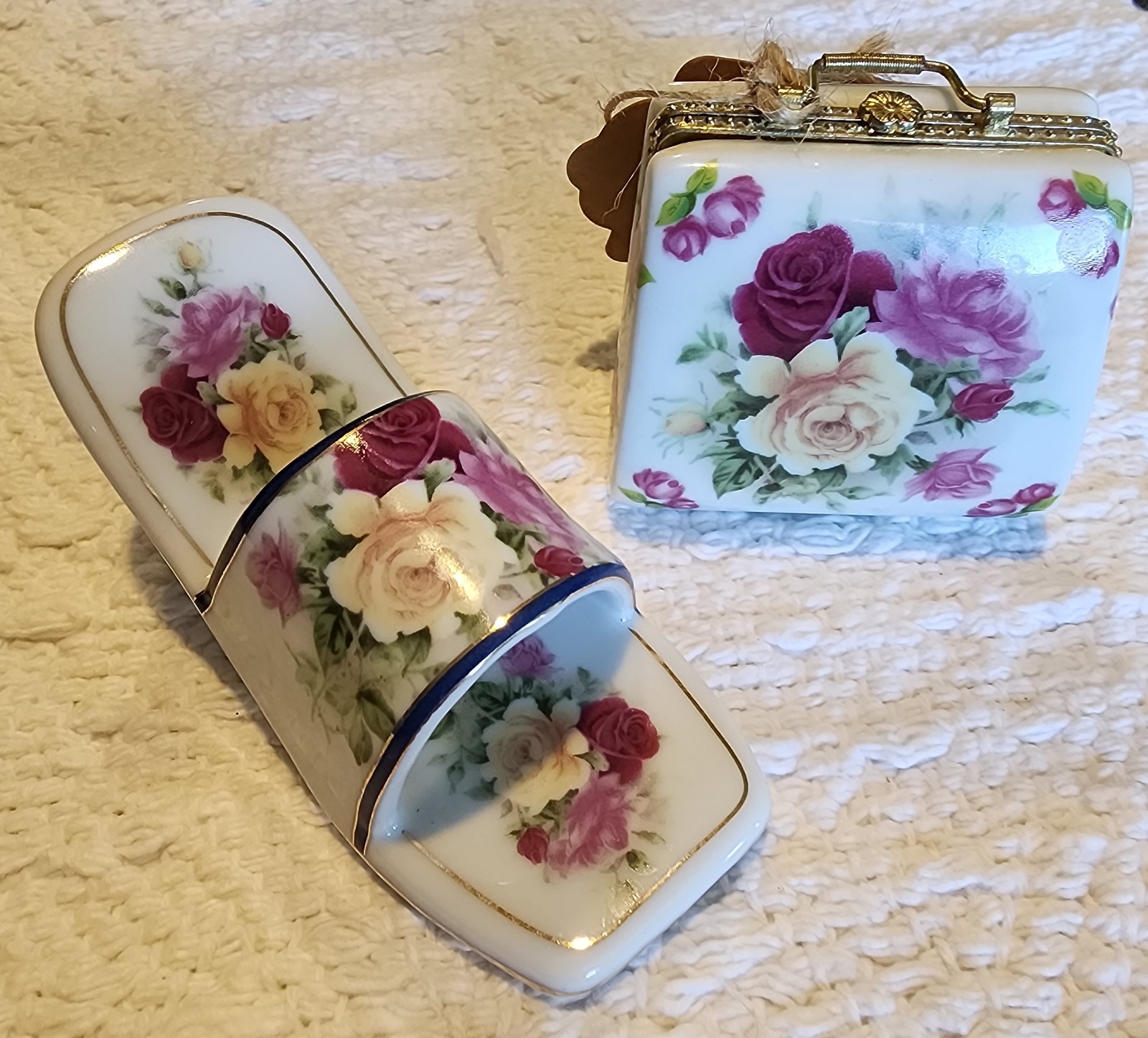 Imperial Porcelain Purse Trinket Box And Shoe Set Roses By Classic Treasures