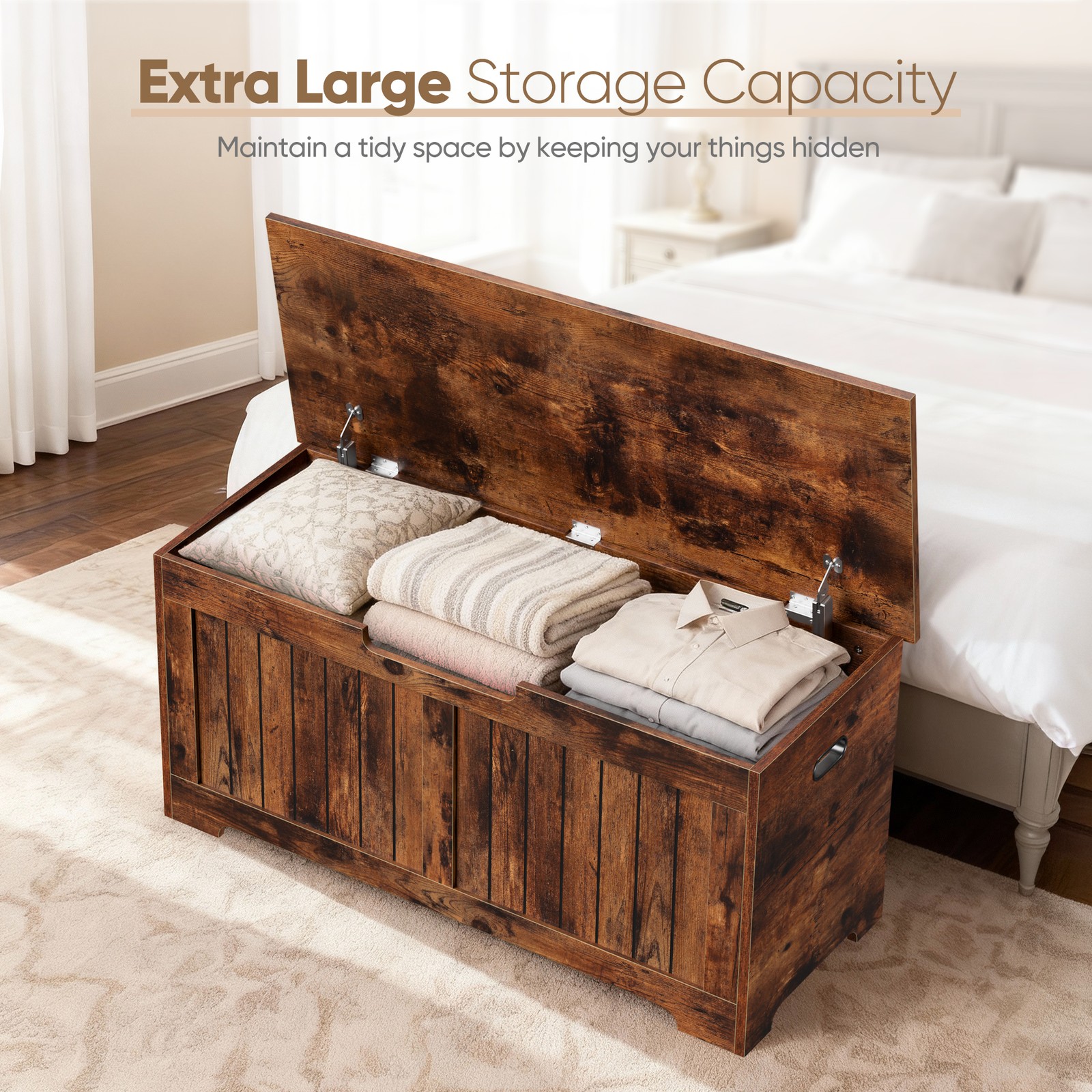 Storage Chest Storage Bench with Safety Hinge White for Playroom Rustic Brown