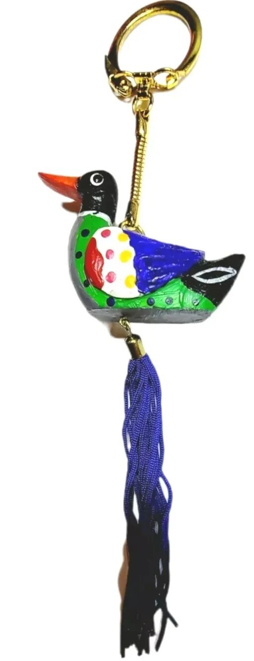 Duck Tassel Keychain Artisan Painted Wooden Feng Shui Keyring Tassle Gift