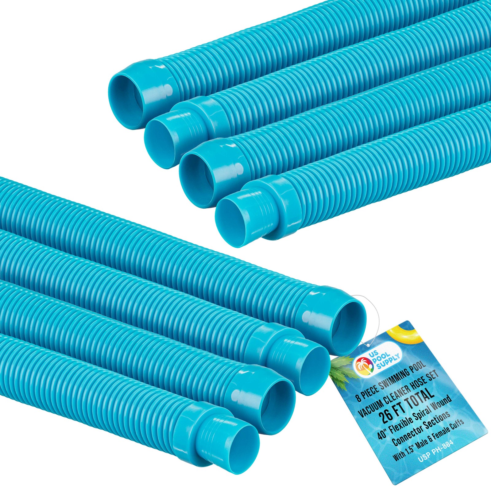 8pc Swimming Pool Vacuum Cleaner Hose Set, Teal 40" Flexible Sections, 1.5" Cuff