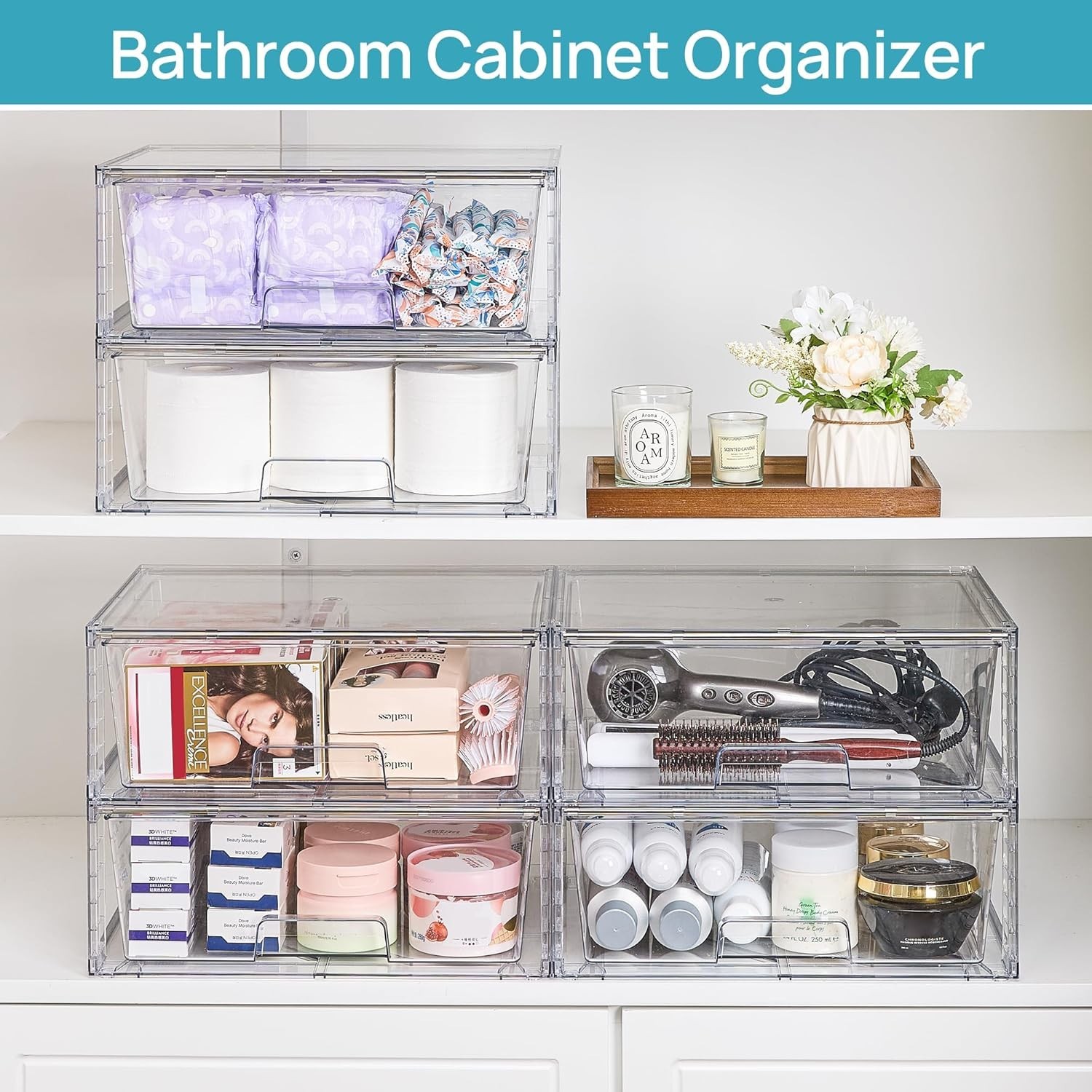 4 Pack Large Stackable Storage Drawers,Easily Assemble Clear Acrylic Bathroom...
