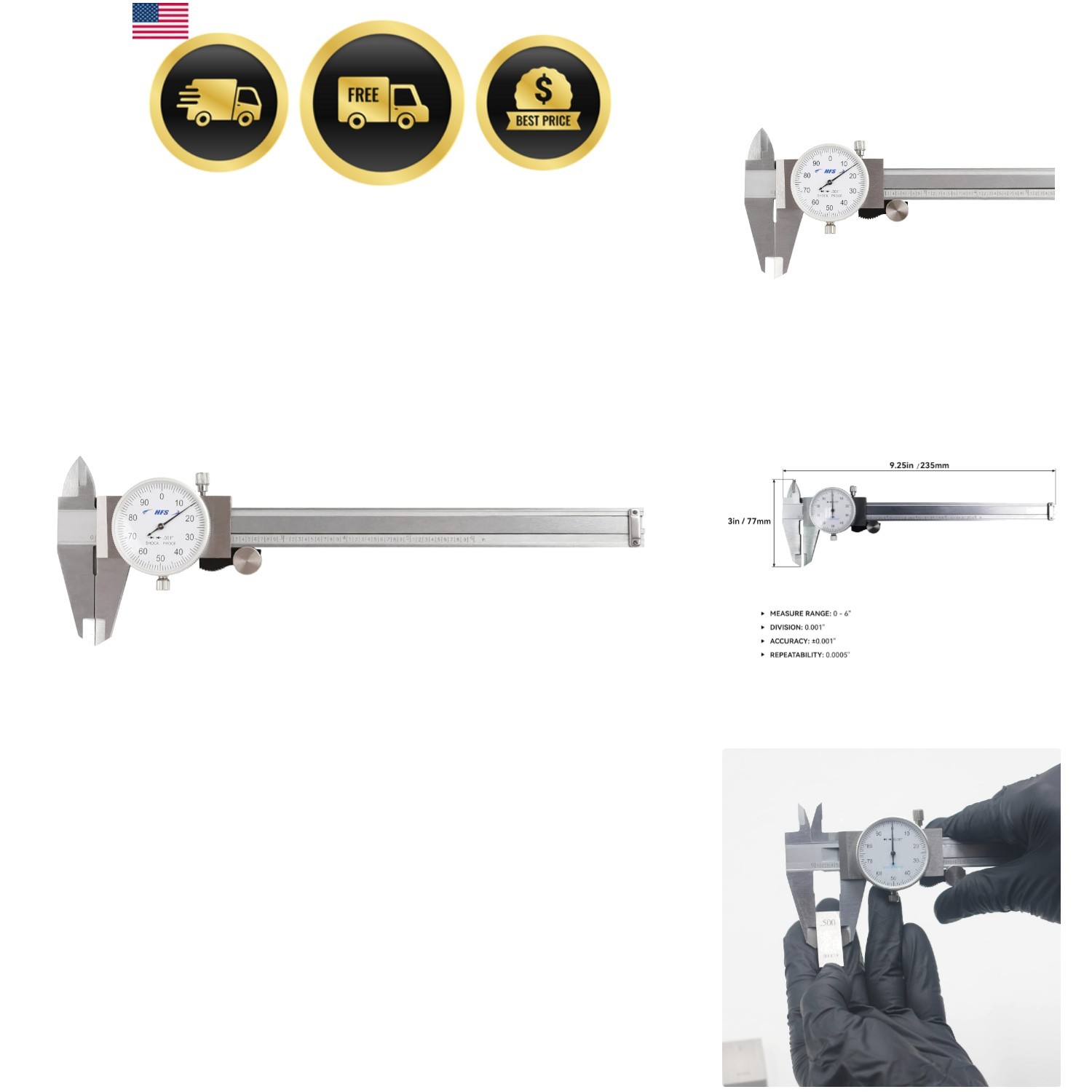 HFSR 0-6" Imperial Calipers; 4 Way Dial Caliper 0.001" Shock Proof New; Plast...