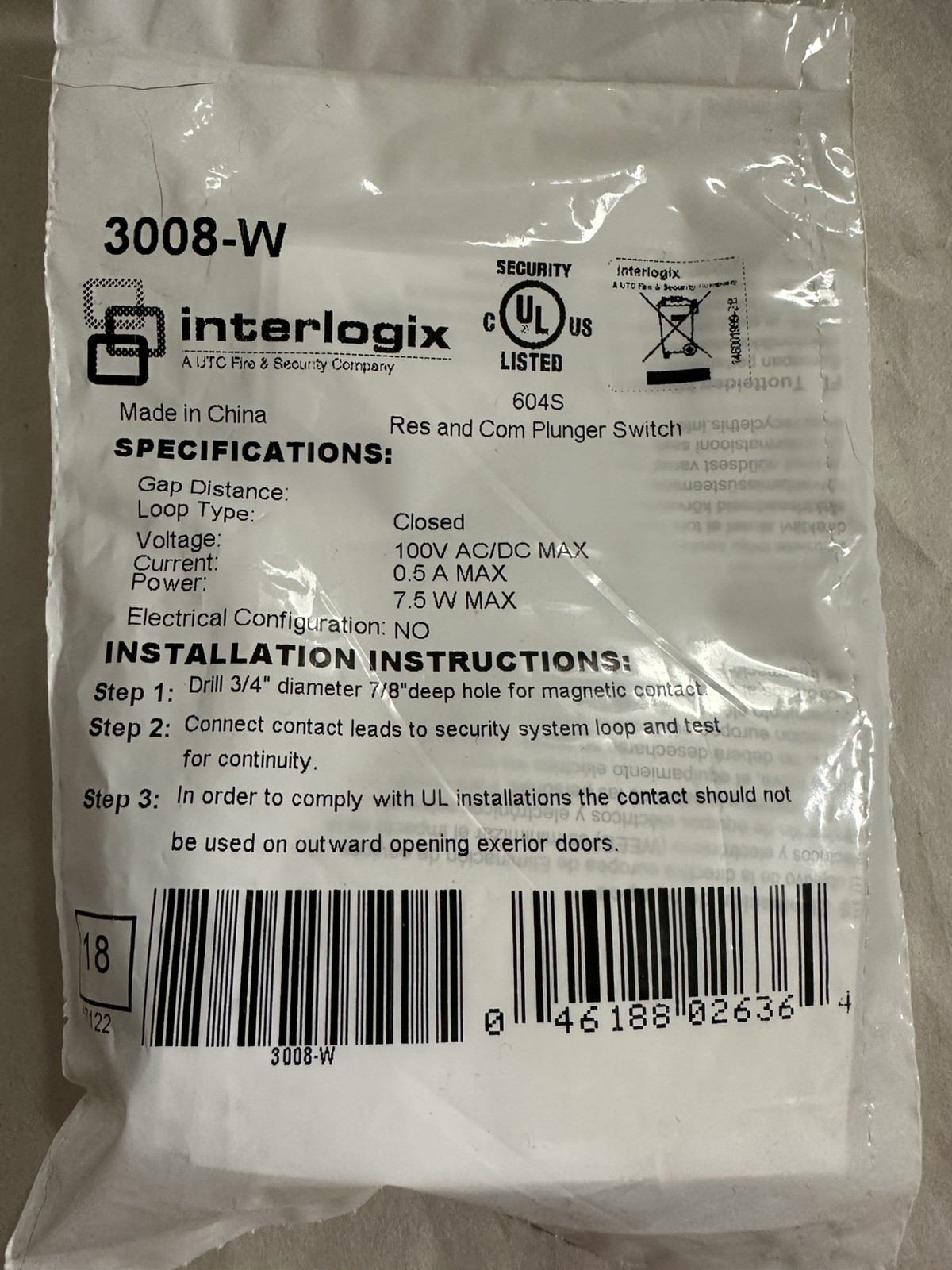 NEW Interlogix 3008-W Res and Com Plunger Switch