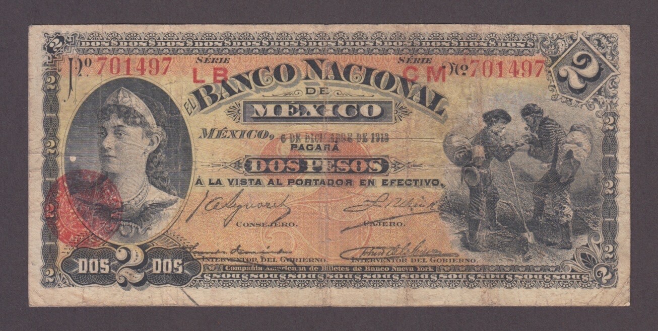 MEXICO P.S256-1497 BANCO NACIONAL DE MEXICO 2 PESOS 6.12.1913 FINE +   2501