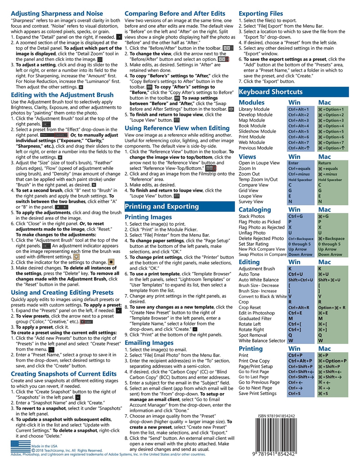 Lightroom Classic CC 2018 Training Guide Quick Reference Card 4 Page Cheat Sheet