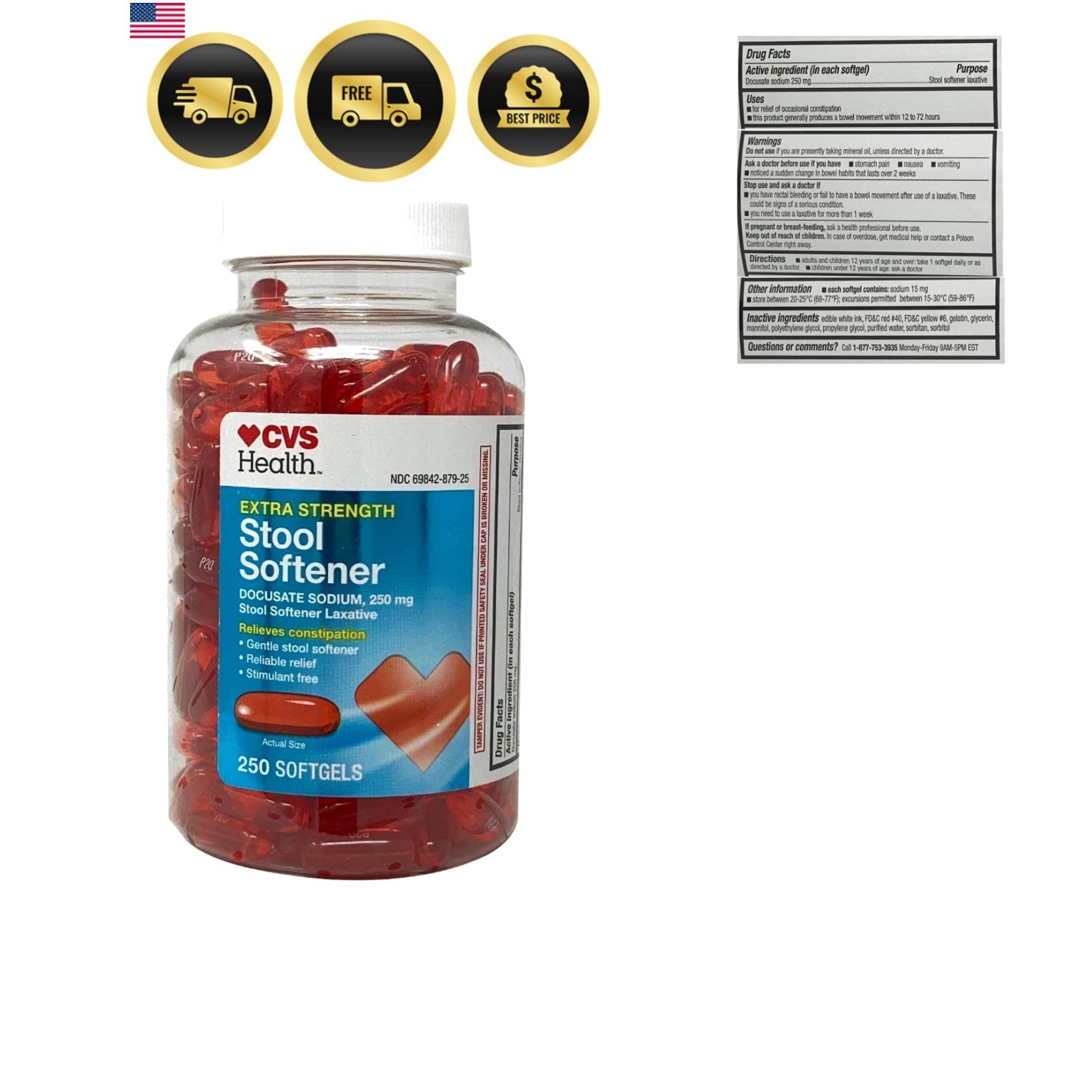 Extra Strength Stool Softener Docusate Sodium Softgels 250 mg, 250 Count