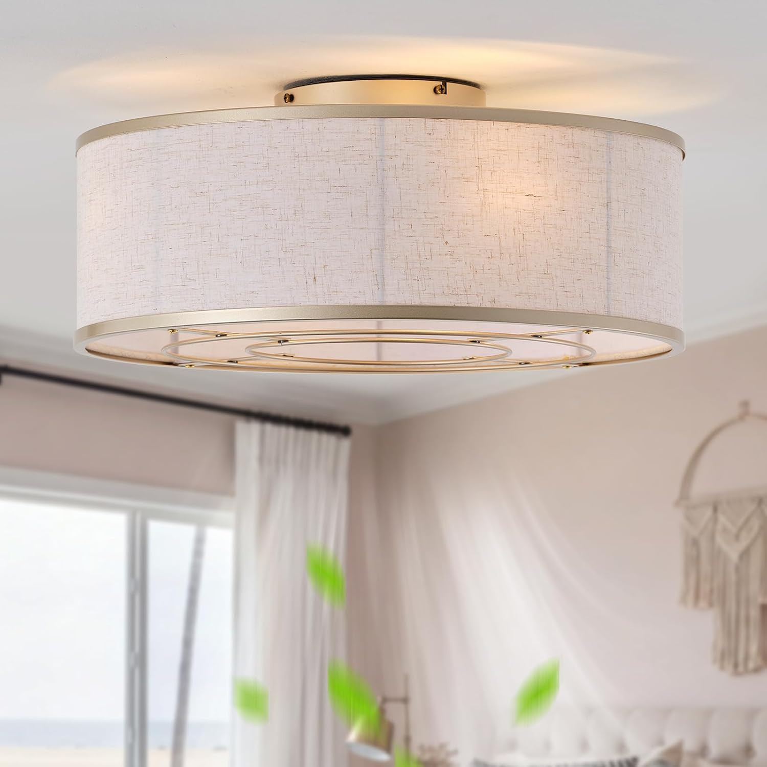 20 Inch Boho Ceiling Fan with Light, Low Profile Flush Mount Caged Ceiling Fan,