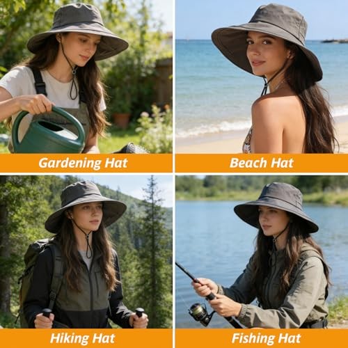 UPF 50+ Women's Sun Hat, Waterproof Wide Brim Bucket Hat, Ponytail Dark Grey