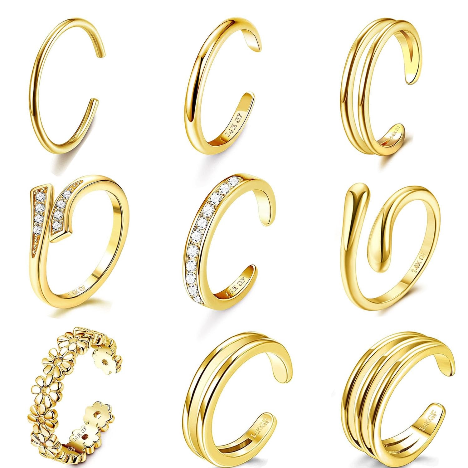 ShinyStyle J4You 9Pcs 14K Gold Filled Toe Rings for Women Adjustable, gold