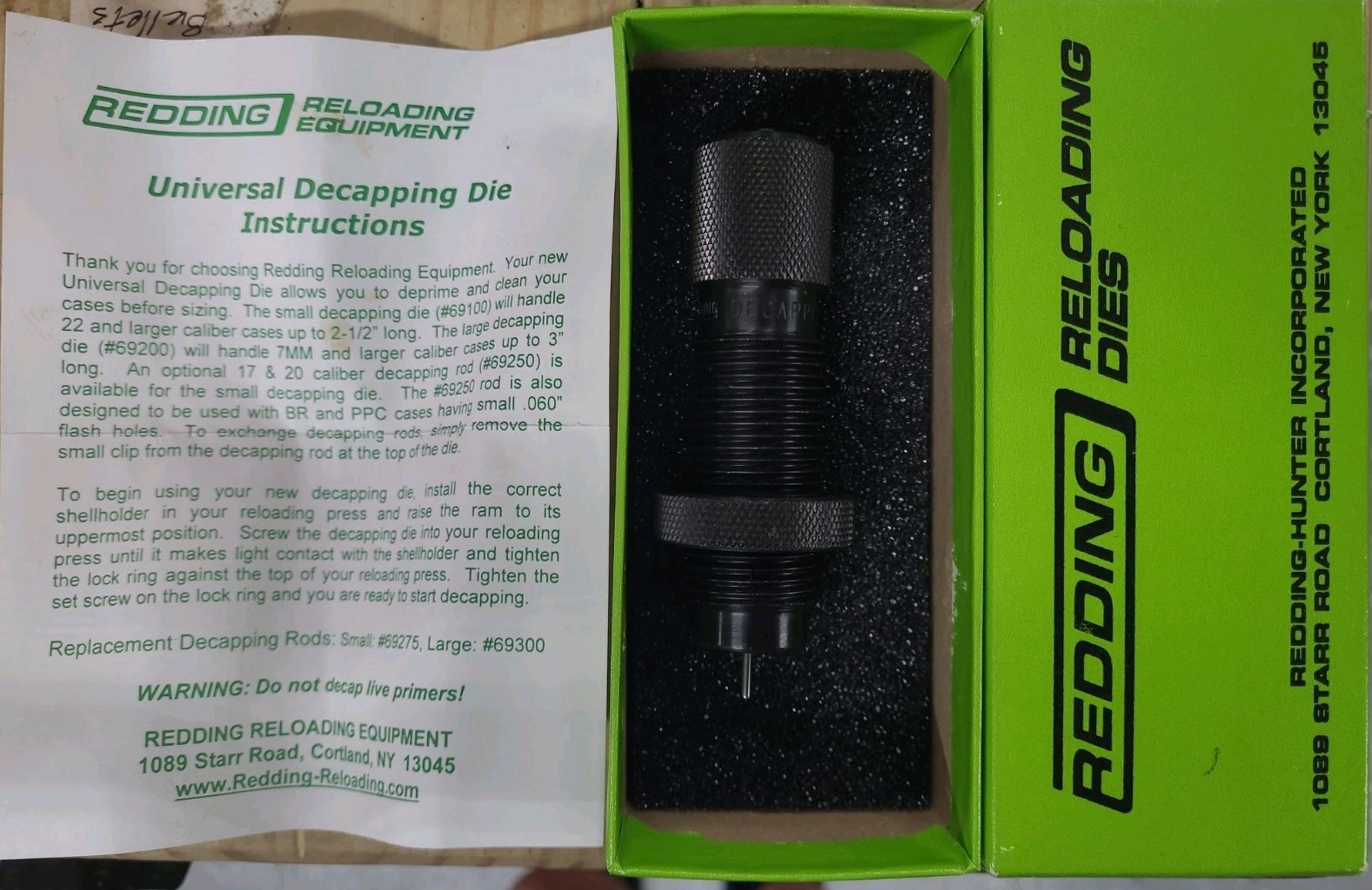 Redding Small Decapping Die for 22cal.-50 cal. (69100) - Excellent Condition