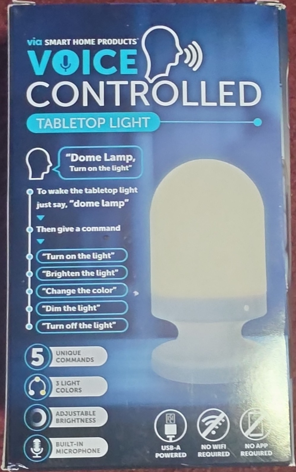 A lot of 2, VIA Smart Home Voice Controlled Tabletop Light, USB-A, 3 Colors