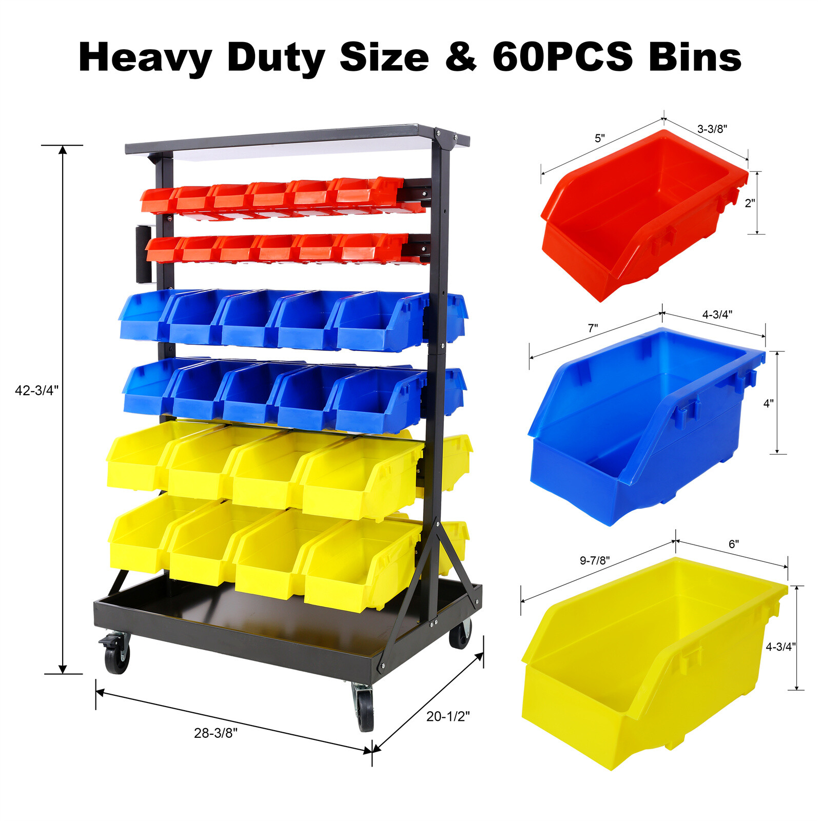 6-Tier Dual-Sided Rolling Bin Rack 350lbs Capacity Includes 60pcs Organizer Bins