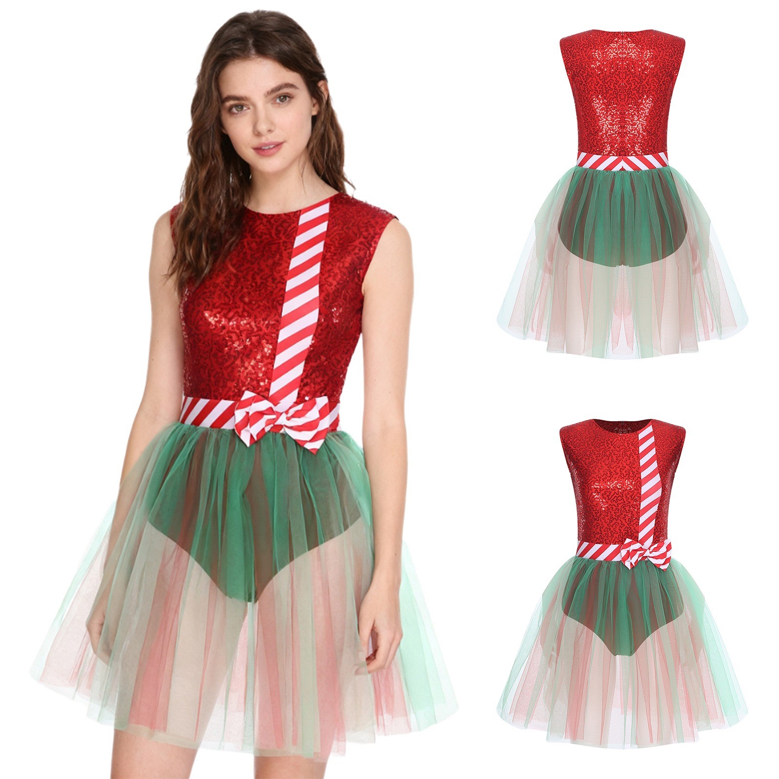 Womens Stripe Show Costume Party Dress Sparkly Outfit Tunic Christmas Holiday