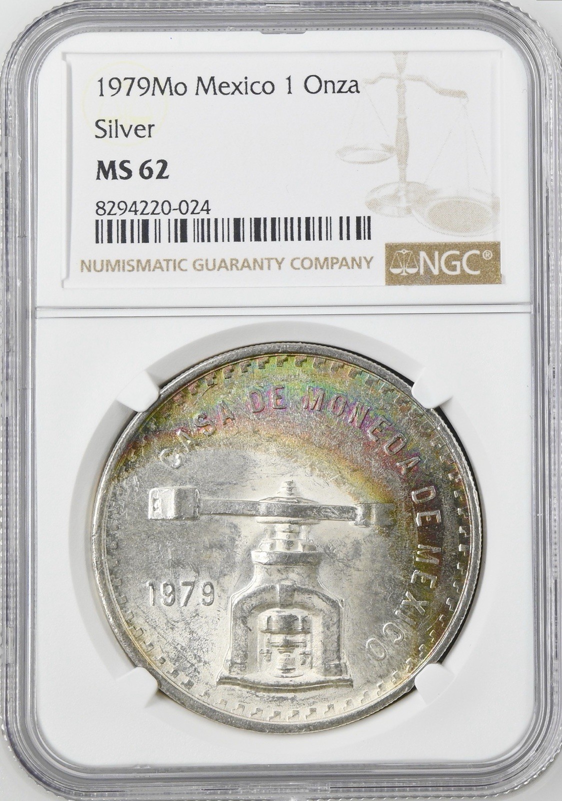 RAINBOW TONED 1979Mo Silver Mexico 1 Onza┃NGC MS62