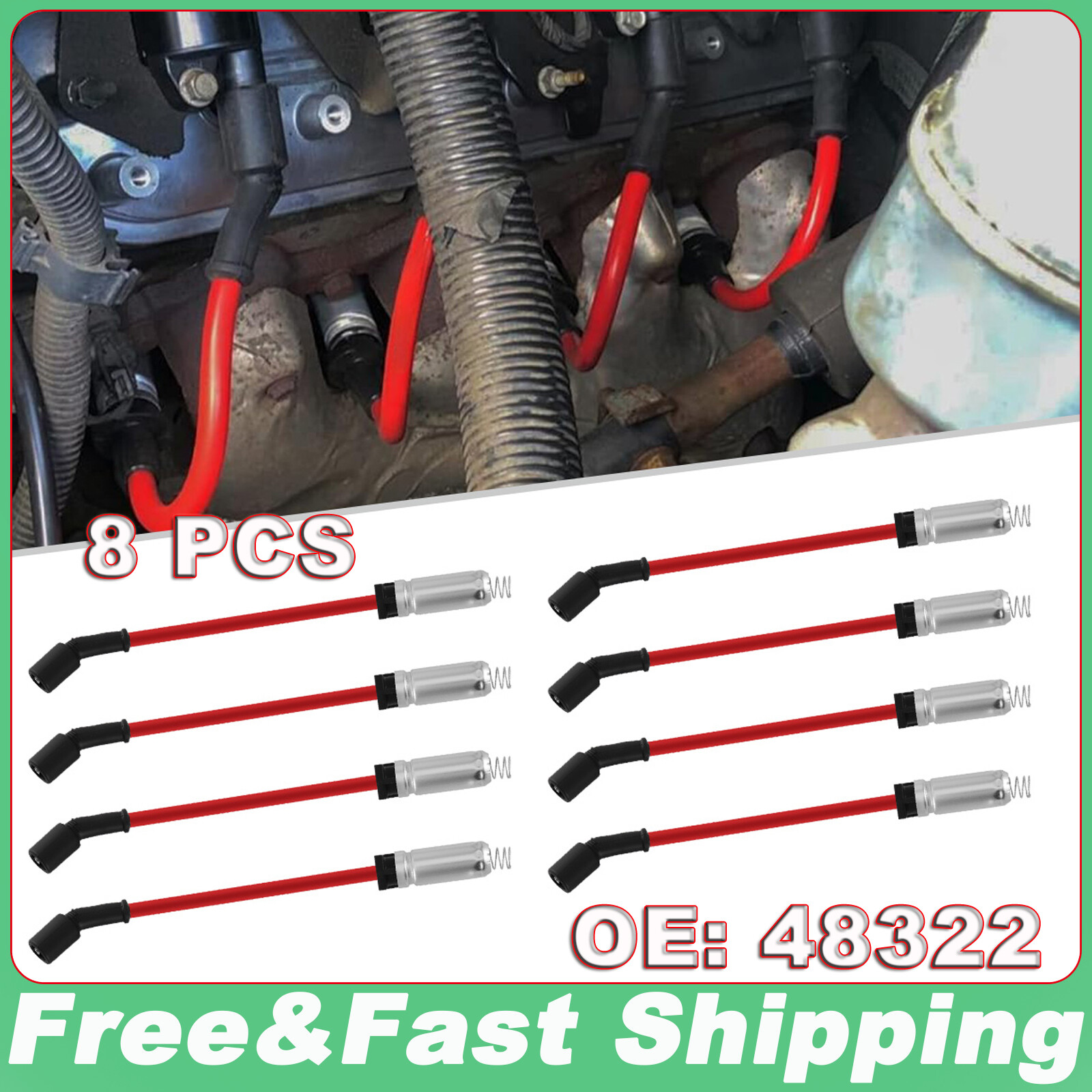 8PCS 48322 Spark Plug Wires For 99-06 CHEVY GMC LS1 VORTEC 4.8 5.3 6.0L
