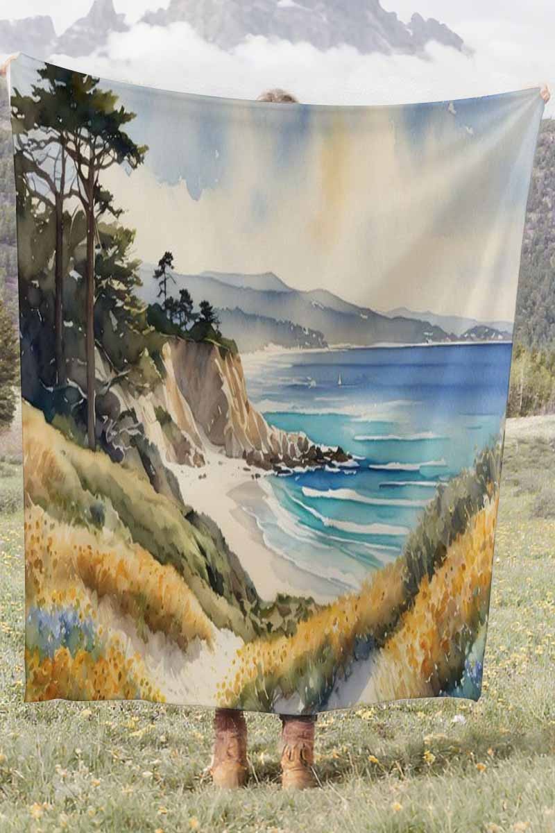 Watercolor Coastal Landscape Coral Fleece Cozy Throw Blanket Modern Elegant