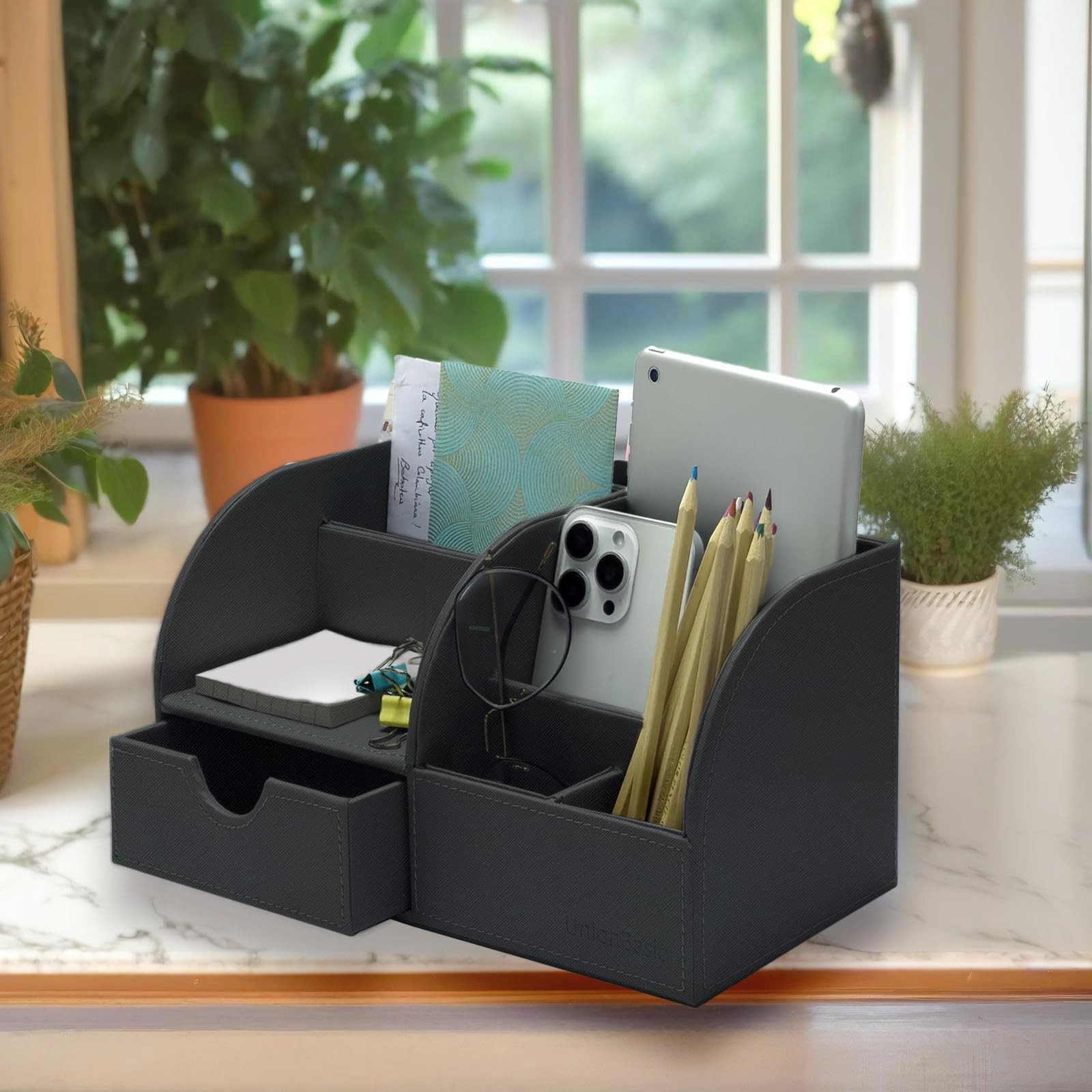 Desk Organizer - Multifunctional Leather Desktop Pen Holder Storage Box - Bus...