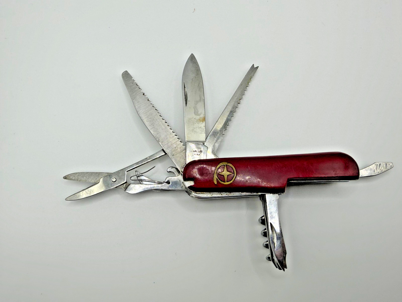 RED STAINLESS STEEL 9-IN-1 POCKET KNIFE MULTI-TOOL SCISSORS CORKSCREW OPENER