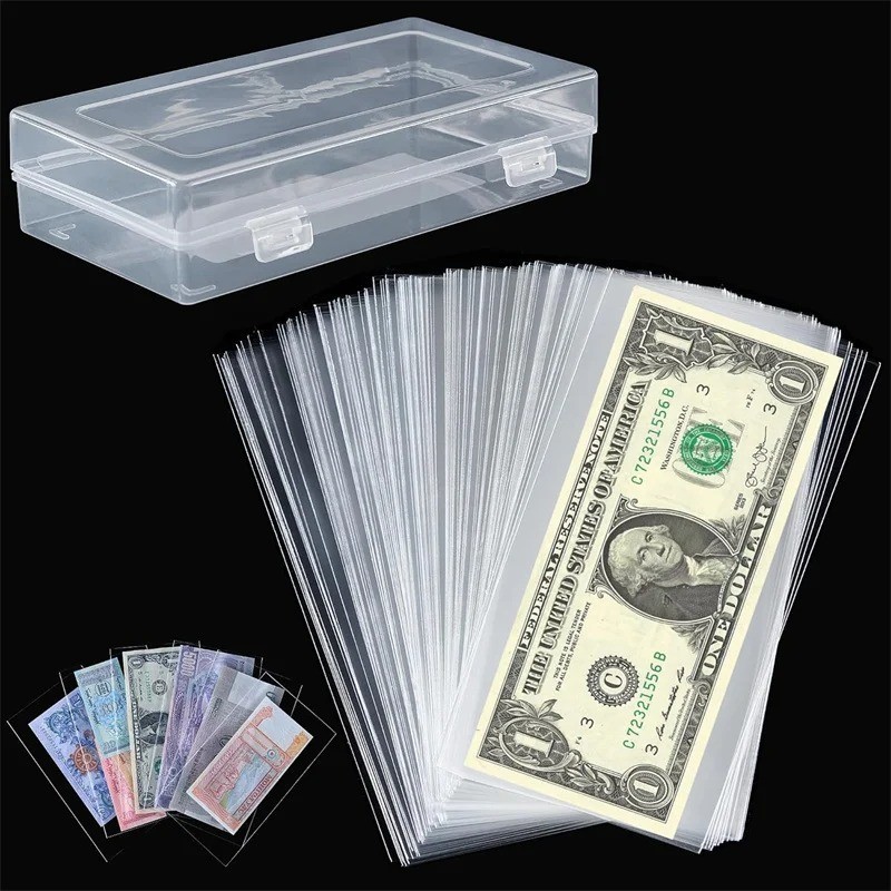 100 Pack Dollar Bill Holder Clear  Sideload Currency Sleeves + Storage Case