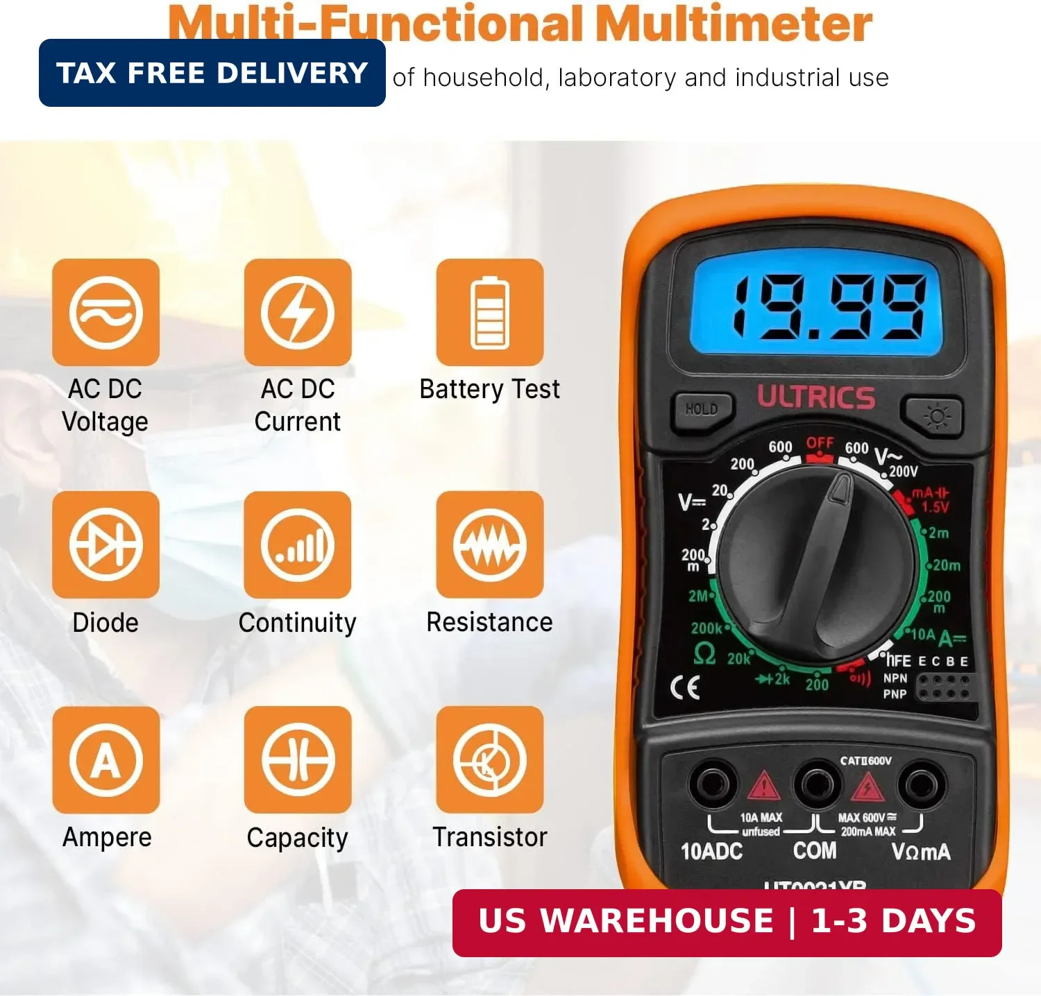 ULTRICS Digital Multimeter, Voltmeter Ammeter Ohmmeter Circuit Checker with Back