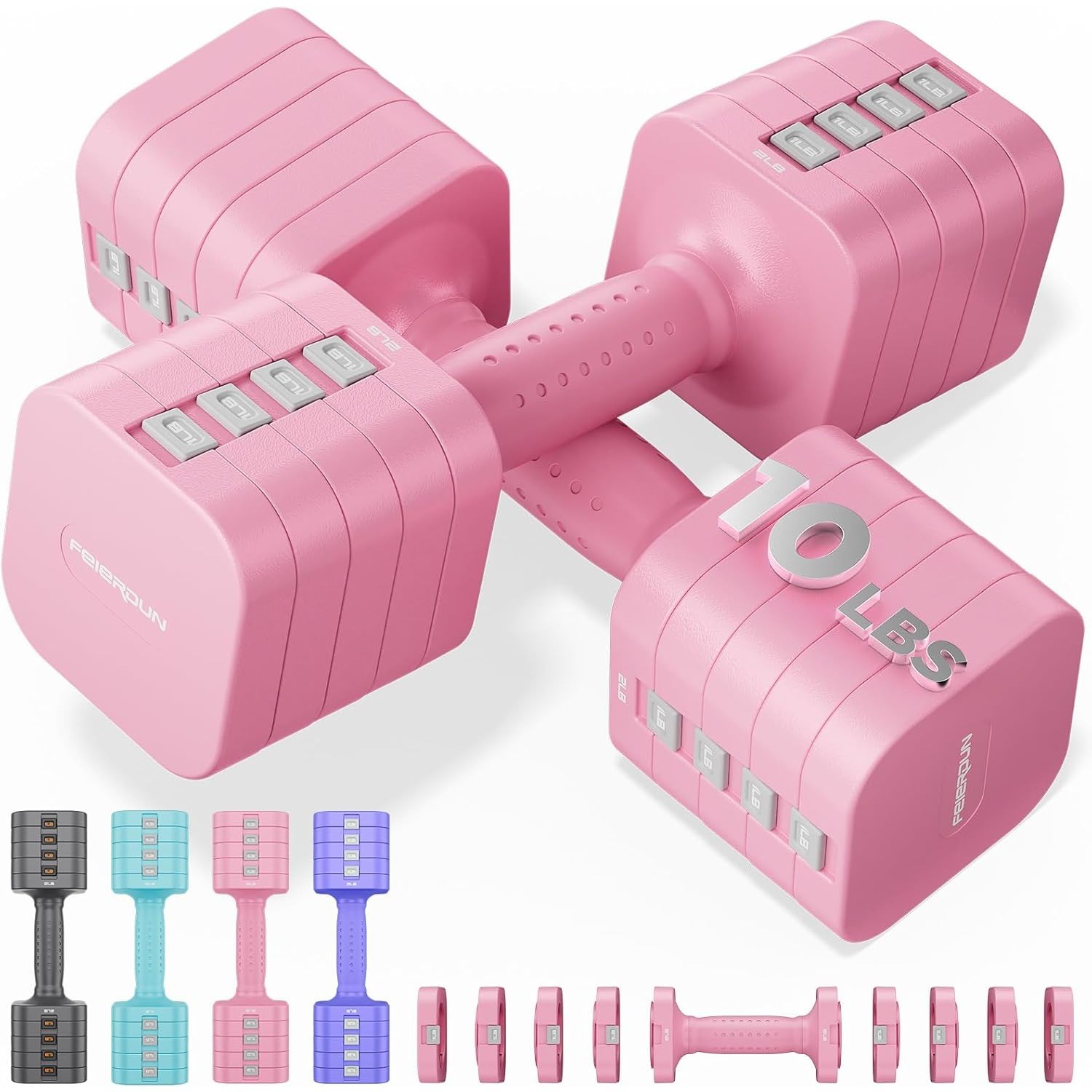 FEIERDUN 5-in-1 Adjustable Dumbbell, 10LB Adjustable Weights for Women at Home