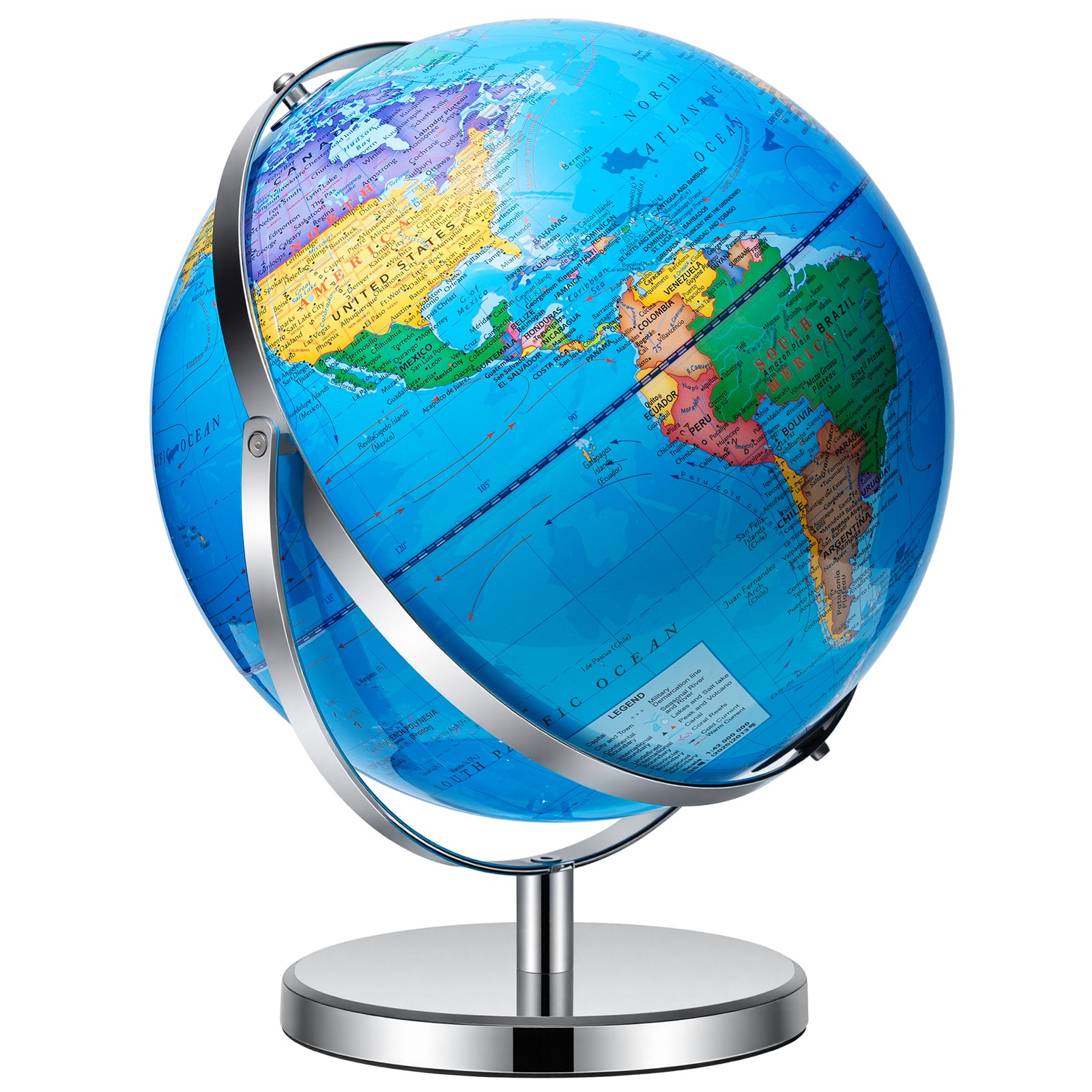 World Globe W/ Stainless Stand 13 inch 720 Rotating World Map Desktop Geography