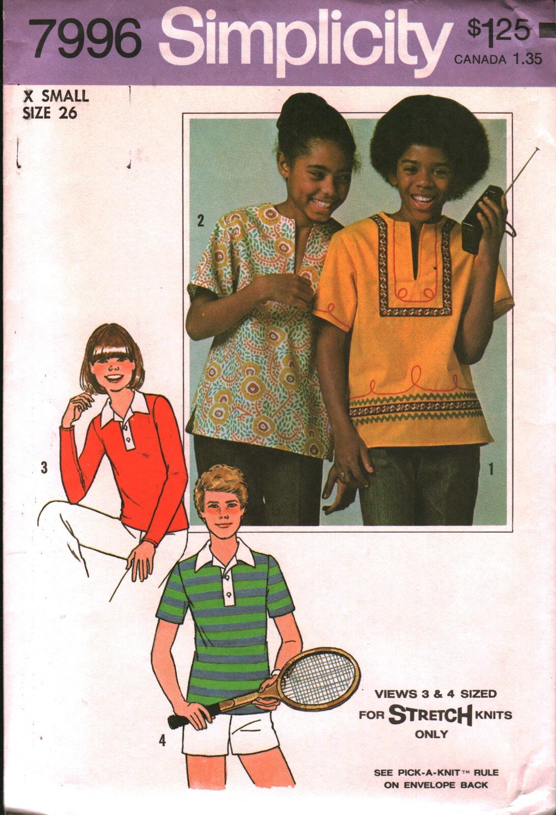 7996 Vintage Simplicity Sewing Pattern Girls 1970s Set of Pullover Tops Stretch