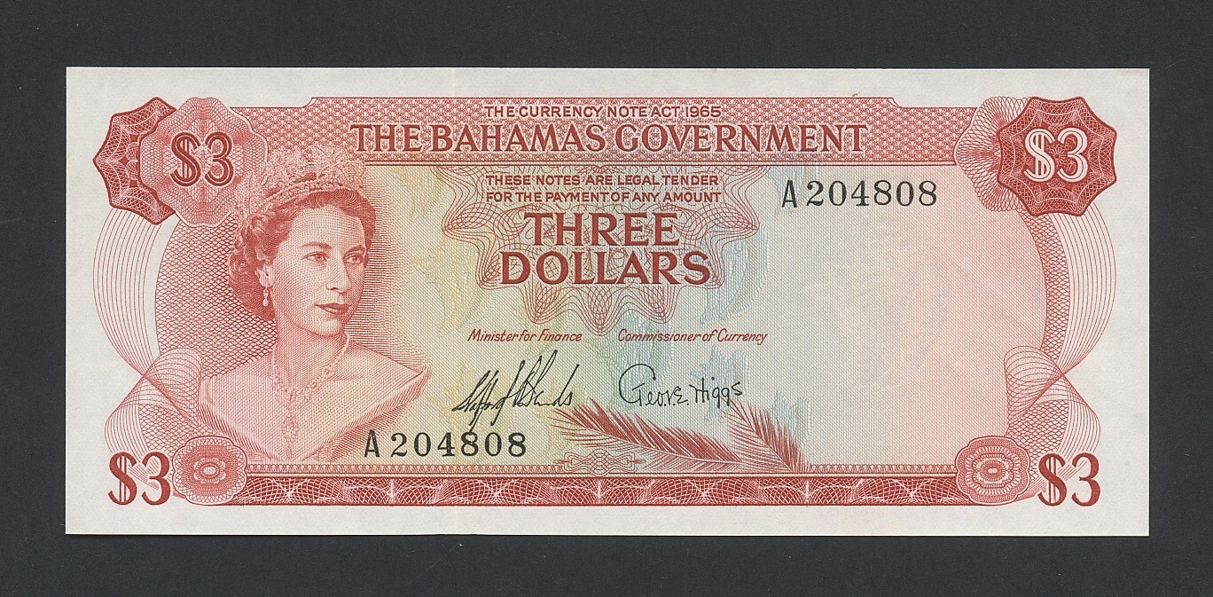 BAHAMAS $3 note 1965 QEII Krause 19 Uncirculated- Banknotes
