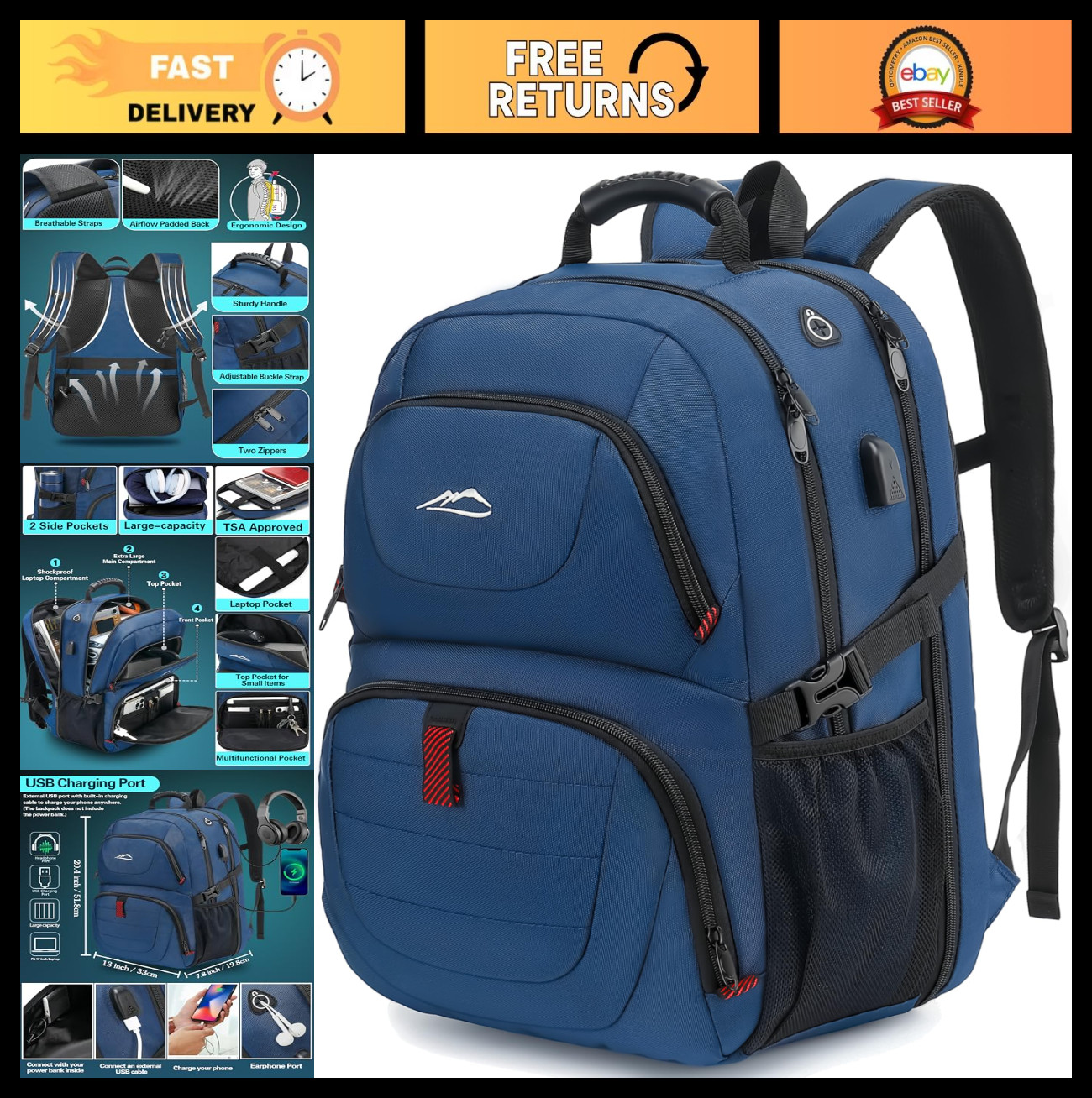 Extra Large Anti-Theft Laptop Backpack for School & Business, Fits 17" Laptop, U
