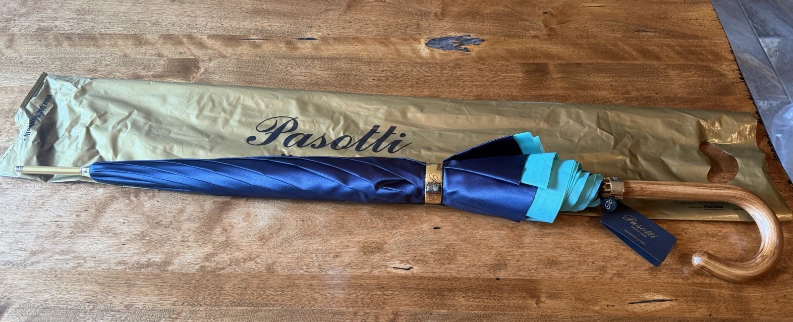 Pasotti Handmade Luxury Solid Navy/Teal Stick Umbrella with Wooden Handle