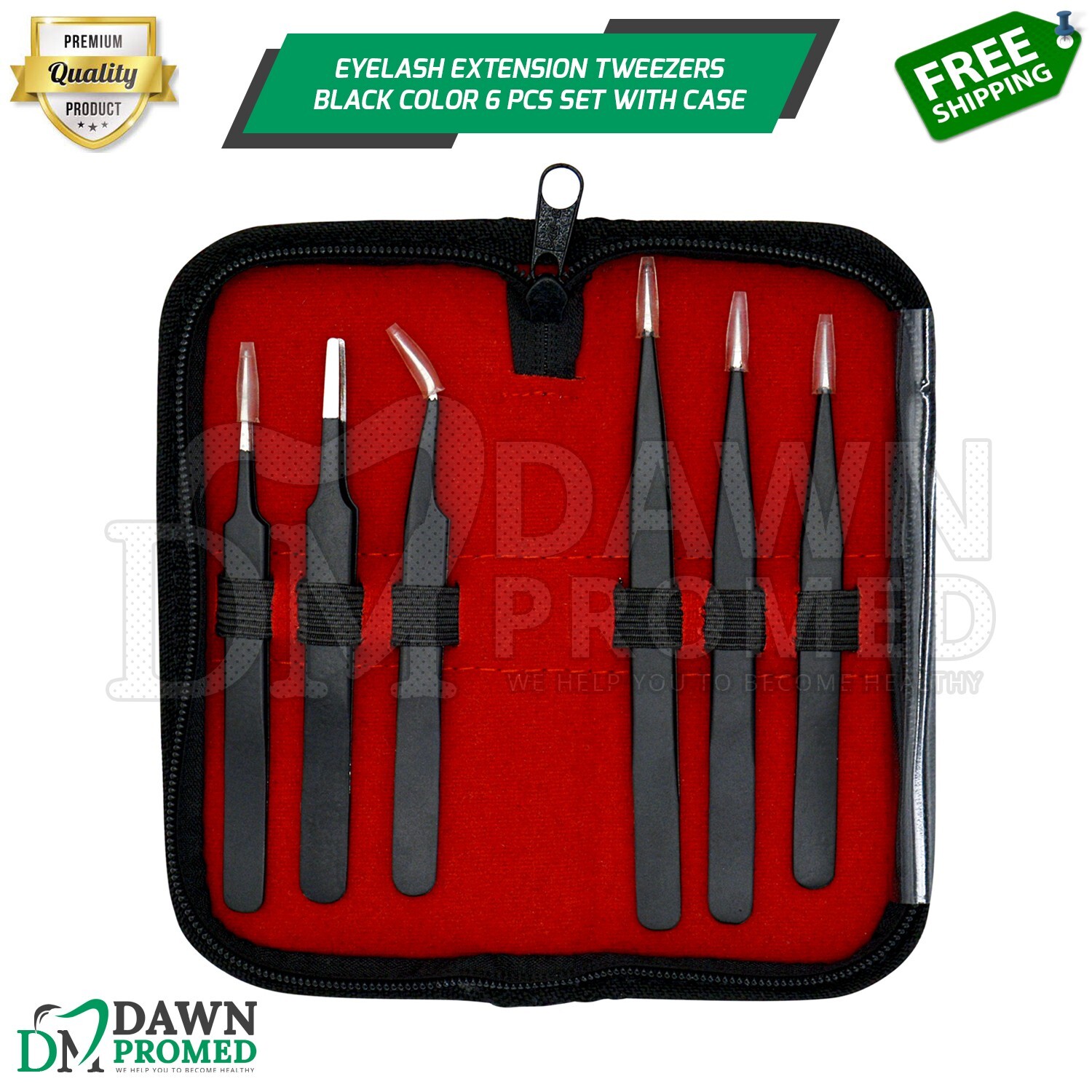 6 Pcs Eyelash Extension Tweezers Anti-Static Black Color Set With Carrying Case