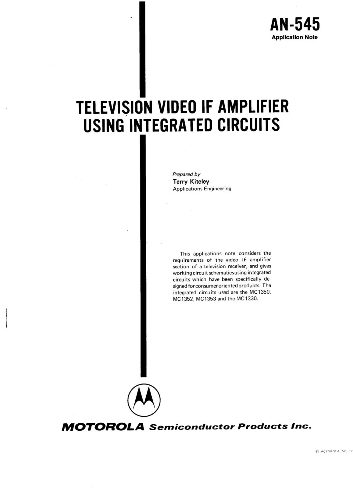 Motorola AN 545 Television Video IF Amplifier Using Integrated Circuits