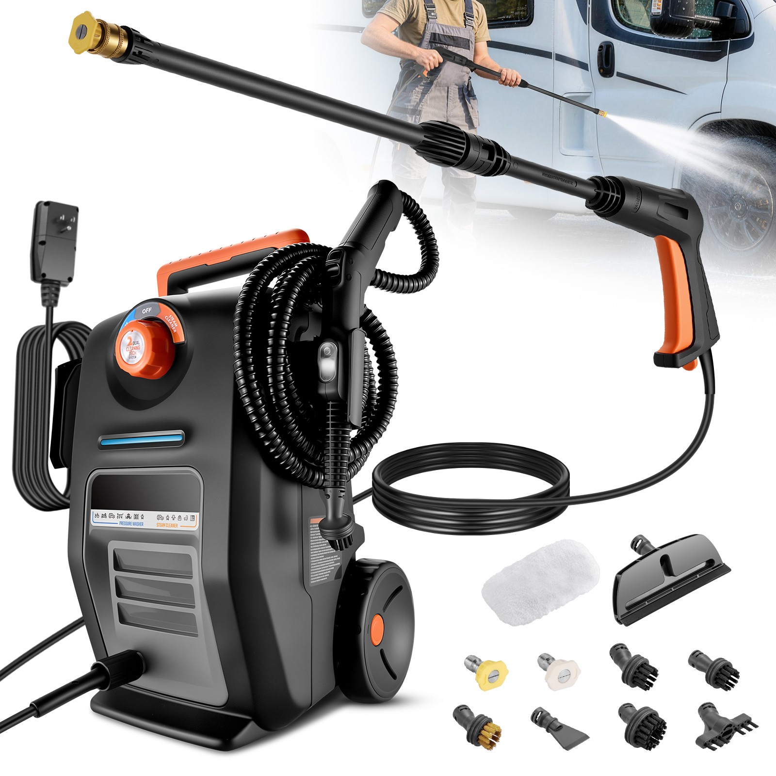 3000 PSI 2-in-1 1600W Pressure Washer Steam Cleaner 2.0 GPM w/ 15° 45°  Nozzle