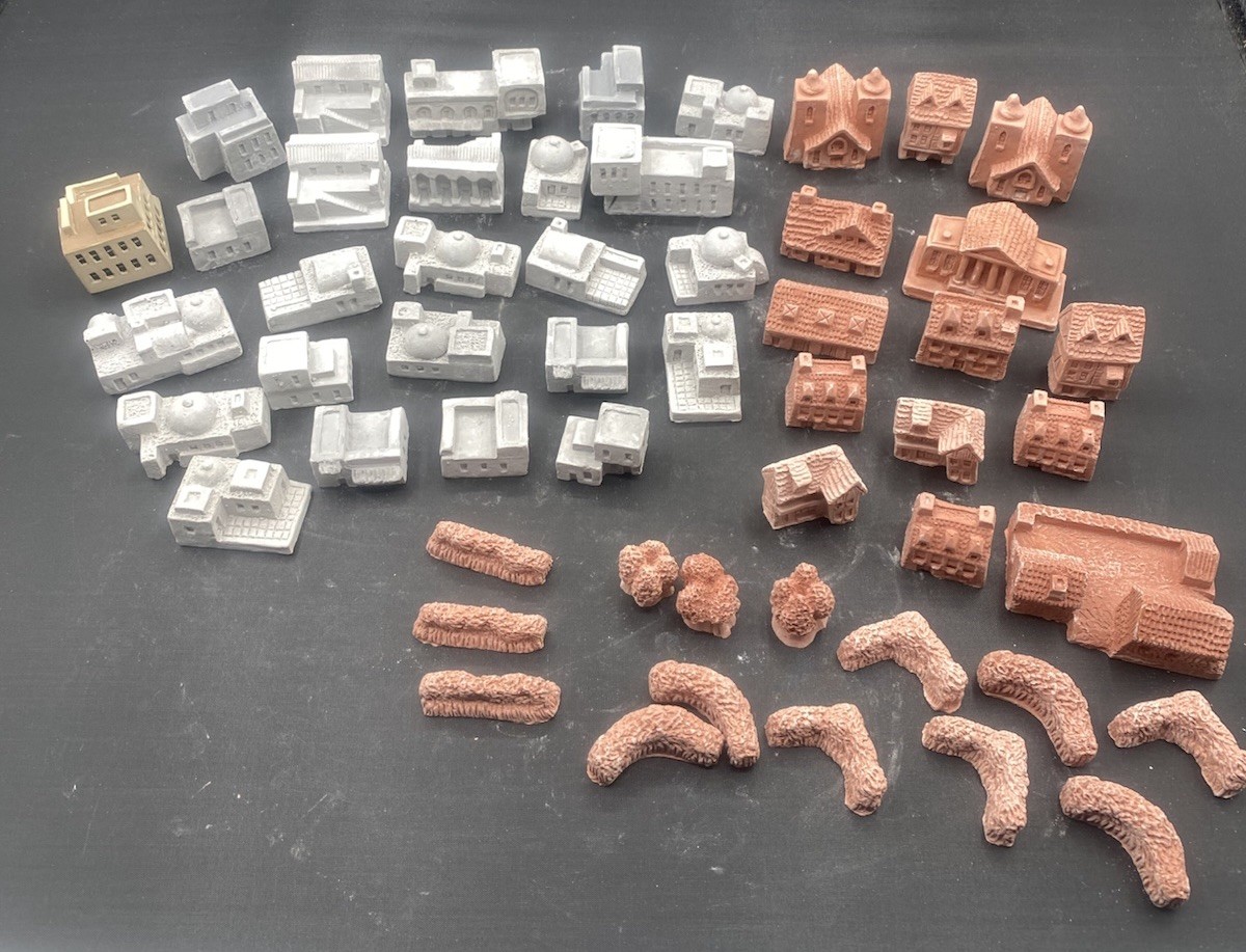 Lot Of 53 Ceramic Miniature Buildings Shrubs Village Vintage Wargame Europe A11