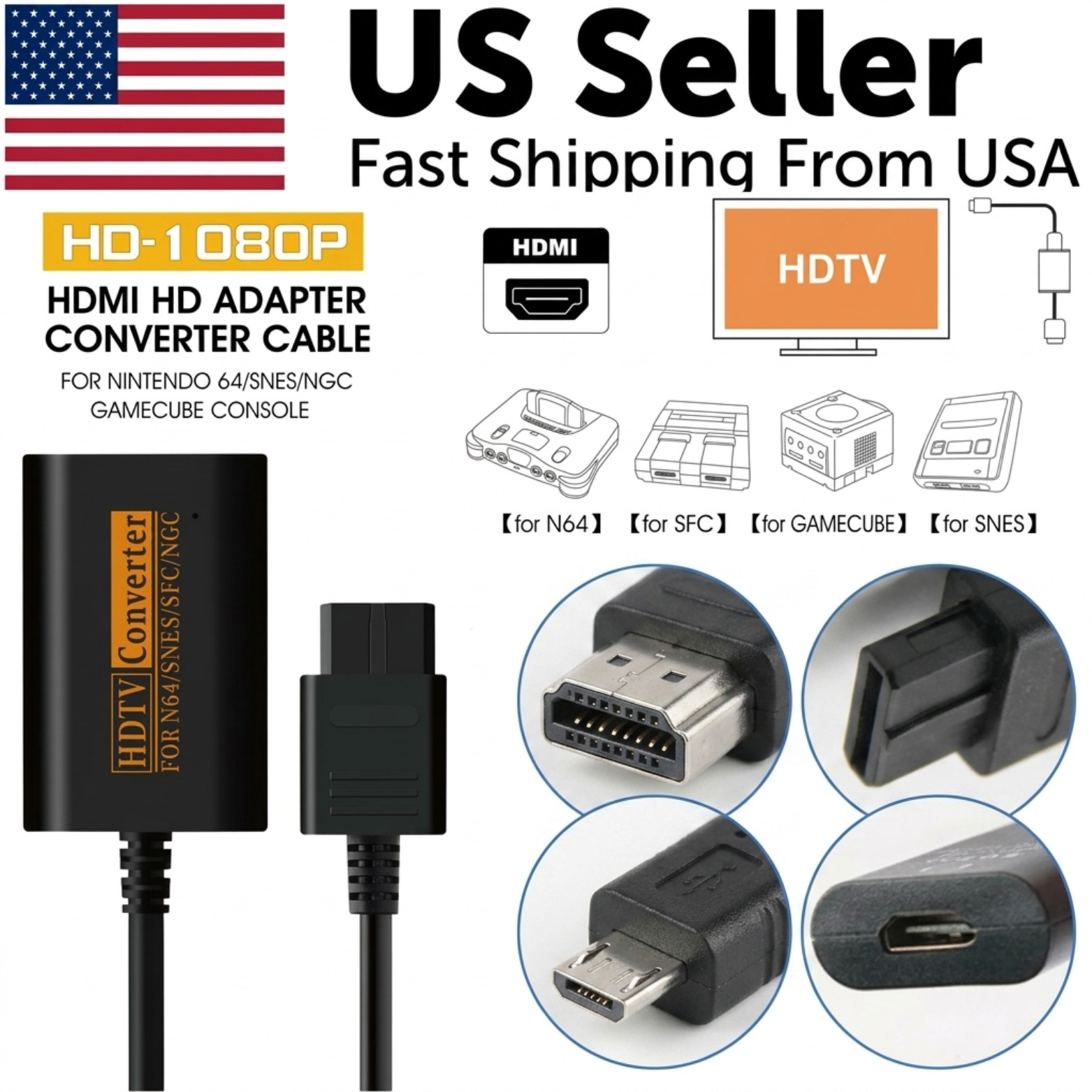 N64 To HDMI Converter Adapter HD Link Cable For Nintendo Gamecube Super NES SNES
