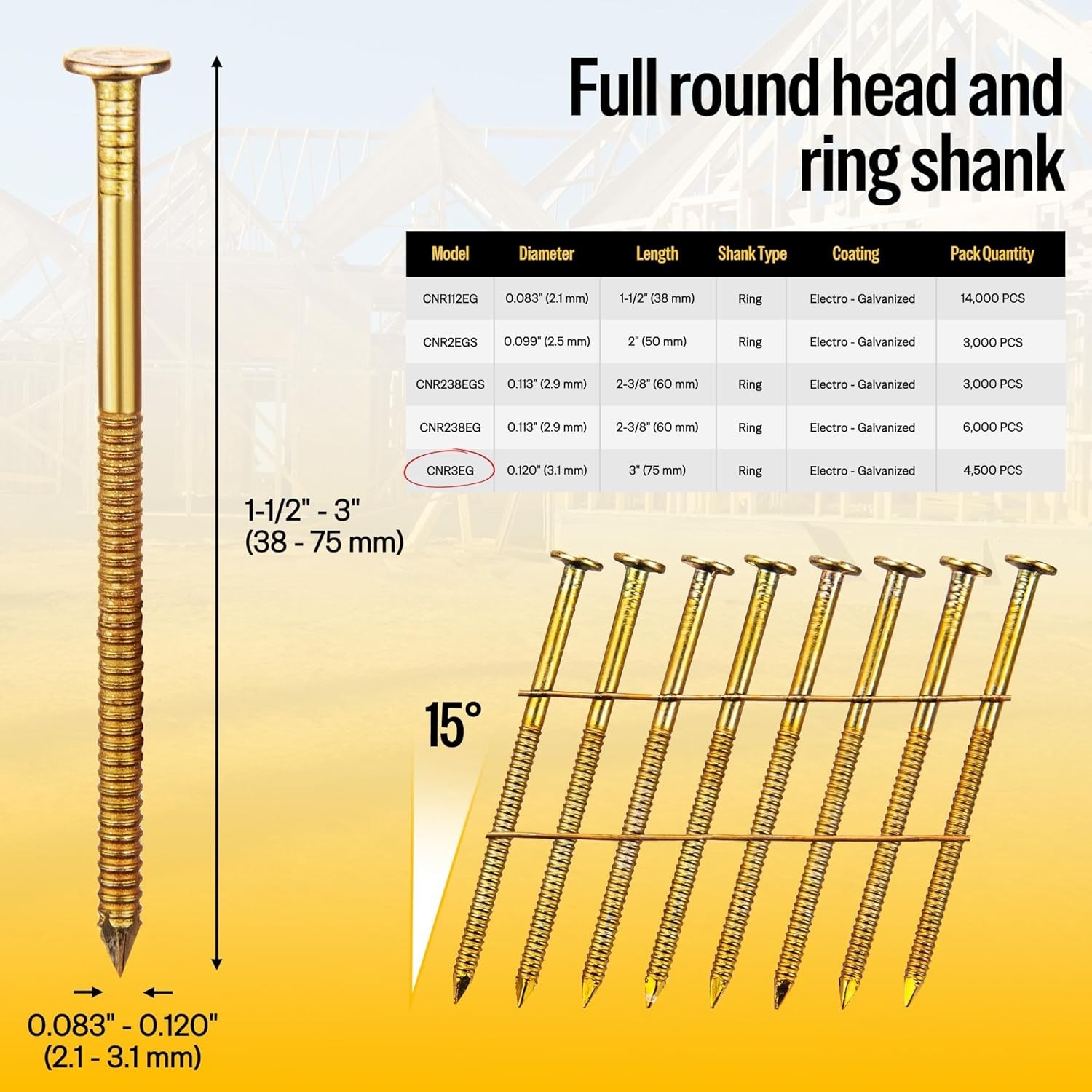meite Coil Nails 3" × .120'' 15 Degree Round-Head Ring Shank Galvanized Collated