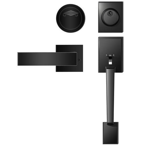 Modern Matte Black Front Door Lock & Handle Set - Matte Black Handle & Deadbolt