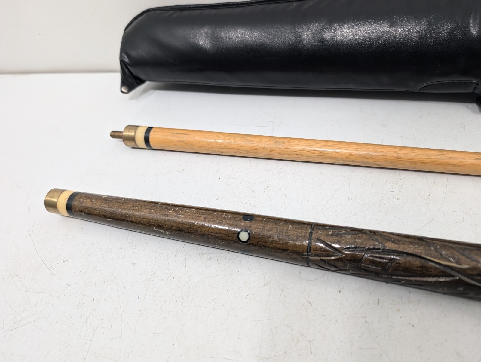 Vintage Pool Cue With Case - Tiki Bar Style Carved Wood Unique - Made In Hawaii