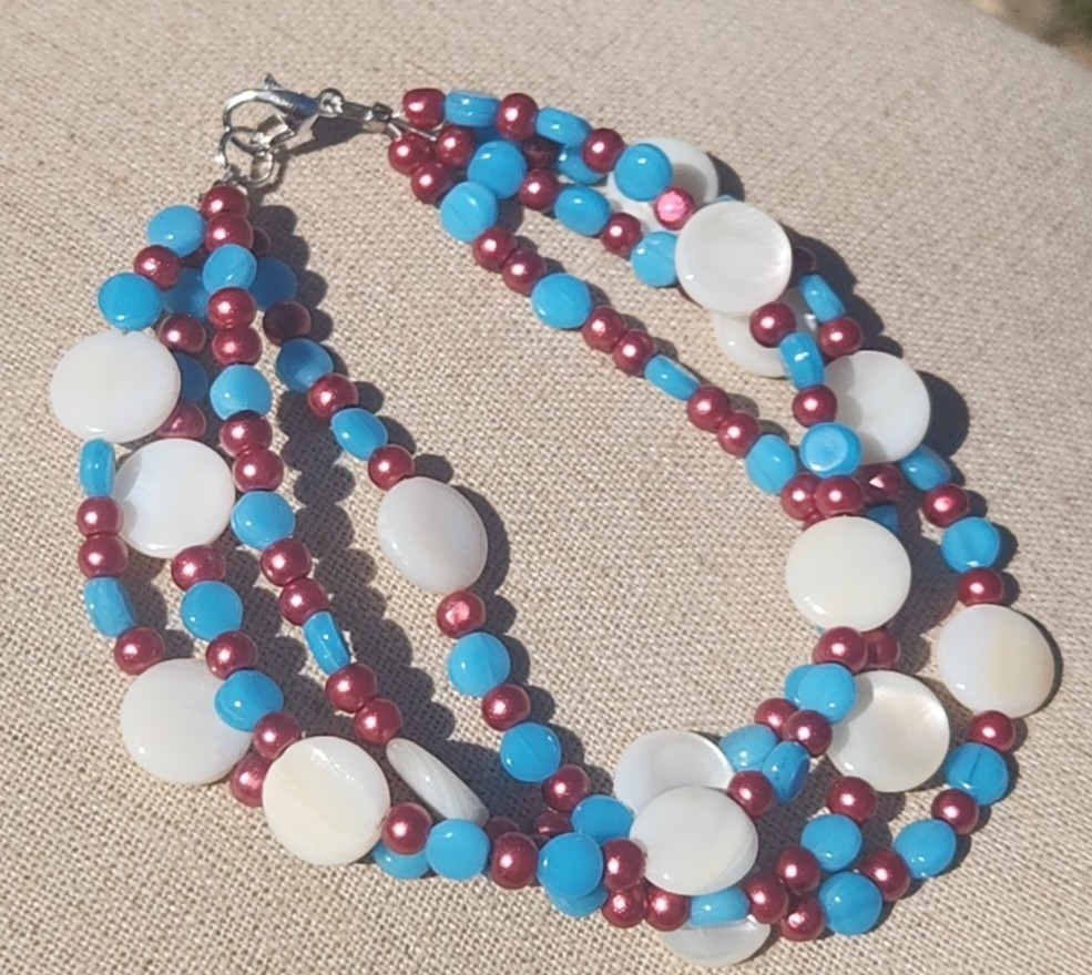 Ladies Beaded bracelet New Artisan Blue Pink White 8.5 inch Glass Beads