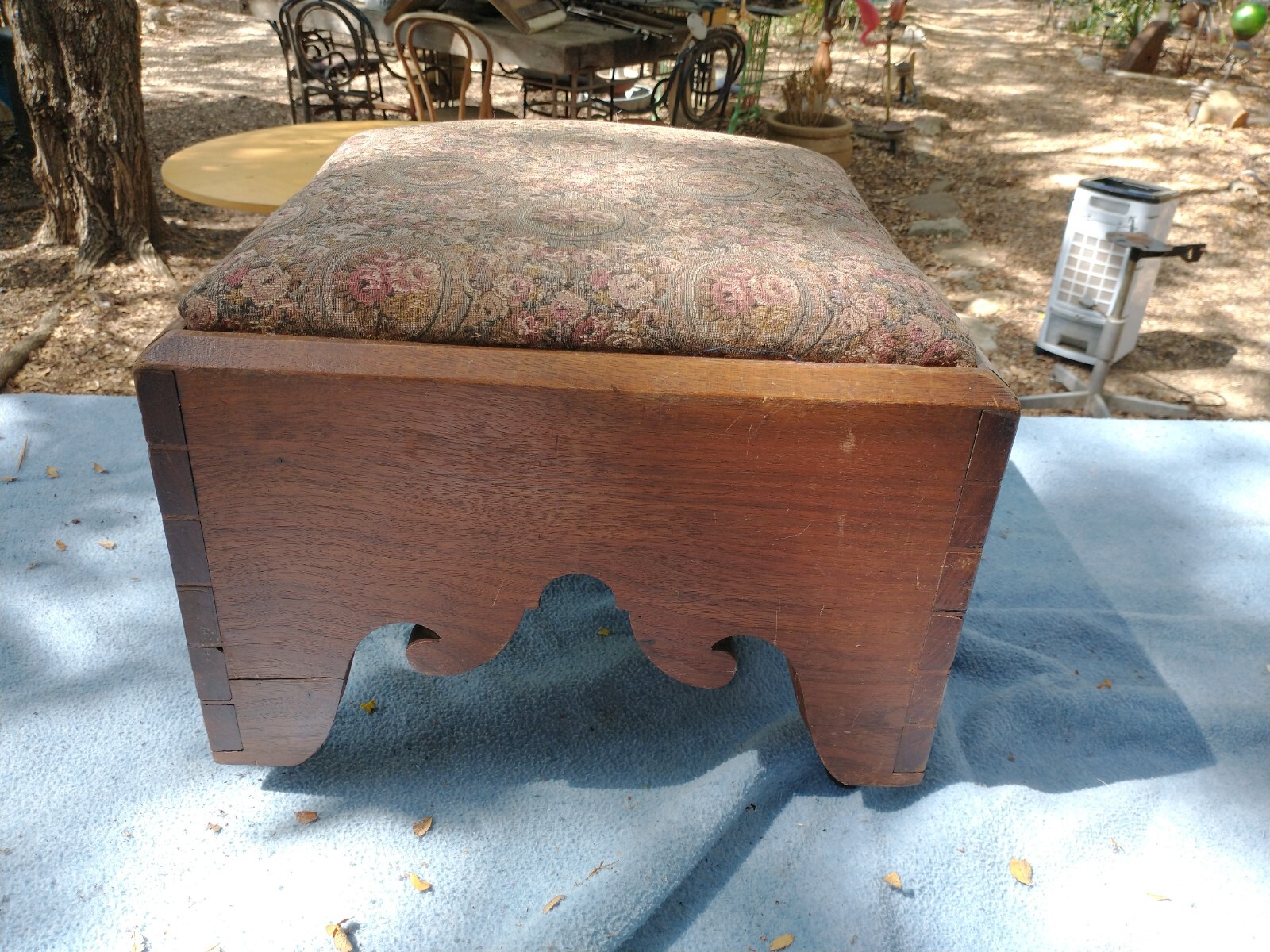 Antique American Empire Walnut Upholstered Dovetail Ottoman Footstool on Wheels