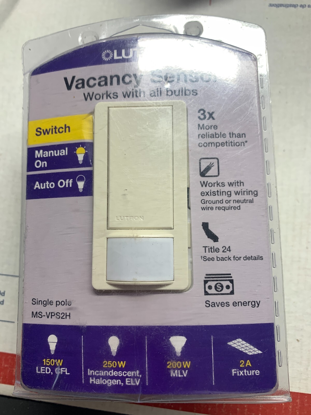 Lutron MS-VPS2H-LA 2A 120V 150W 1-Pole Vacancy Motion Light Sensor Switch