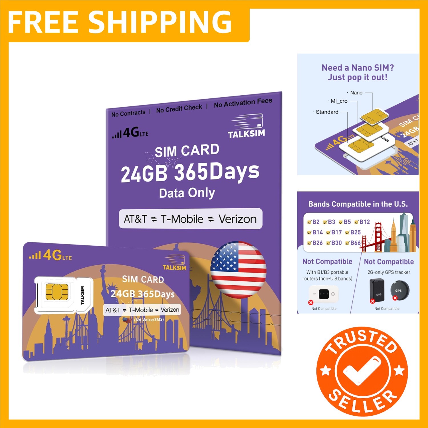 Data SIM Card Compatible with Verizon, AT&T and T-Mobile, 4G LTE  Data Only S...