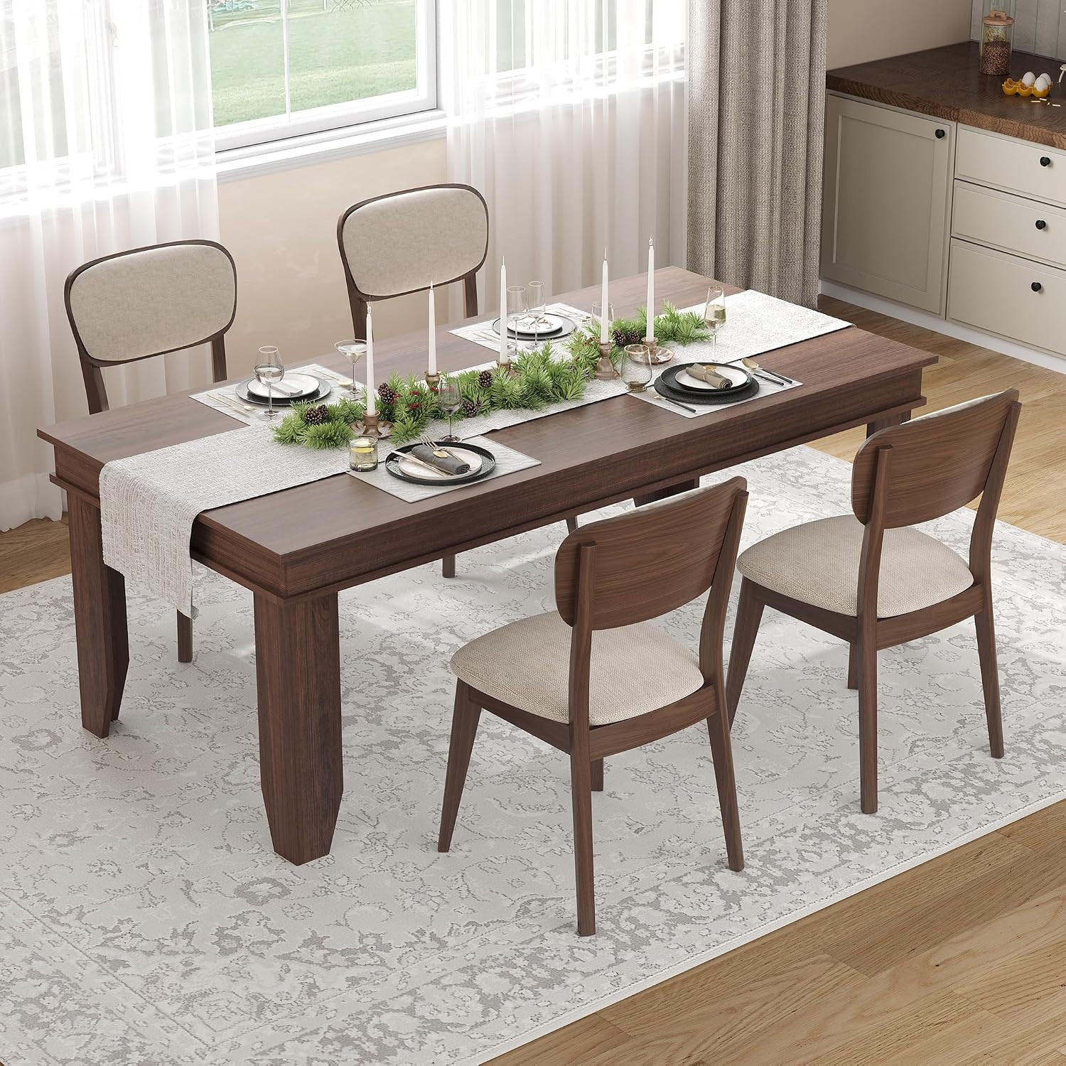 71" Farmhouse Dining Table for 8 - Sturdy Brown Wooden Kitchen Table