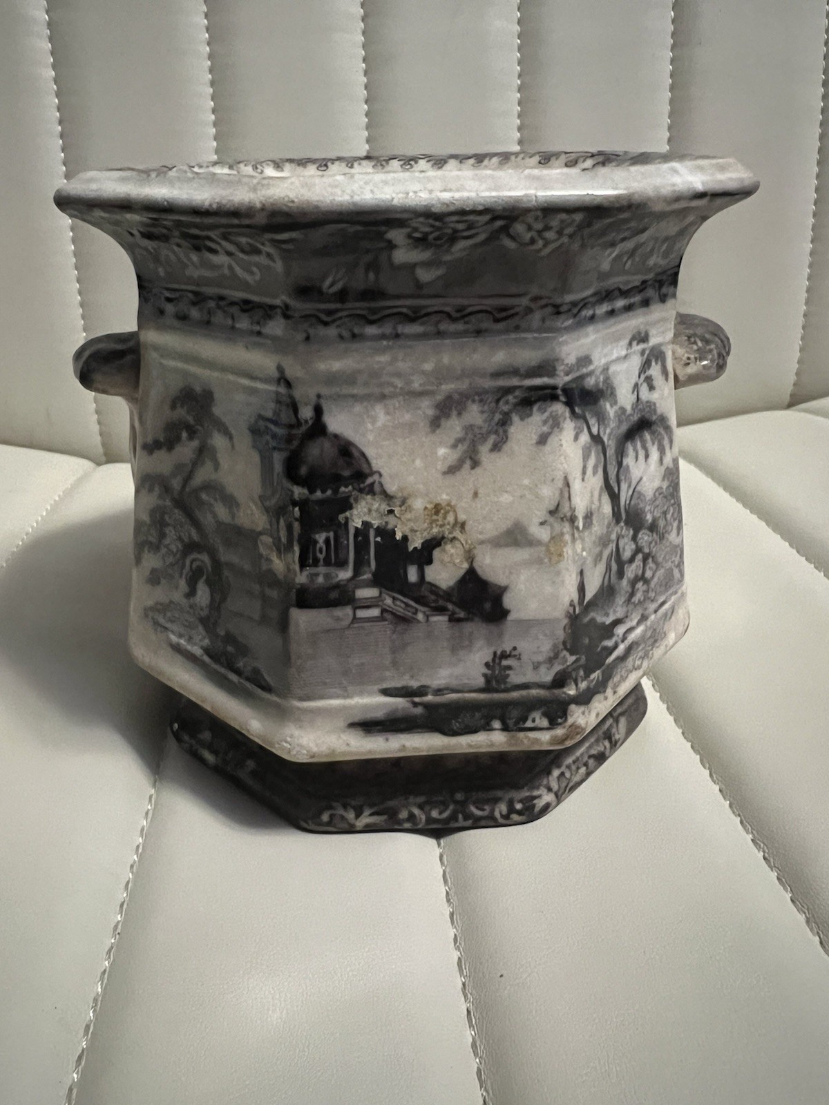 RARE Ironstone Antique Ceramic Hexagonal Planter Black & White Architectural